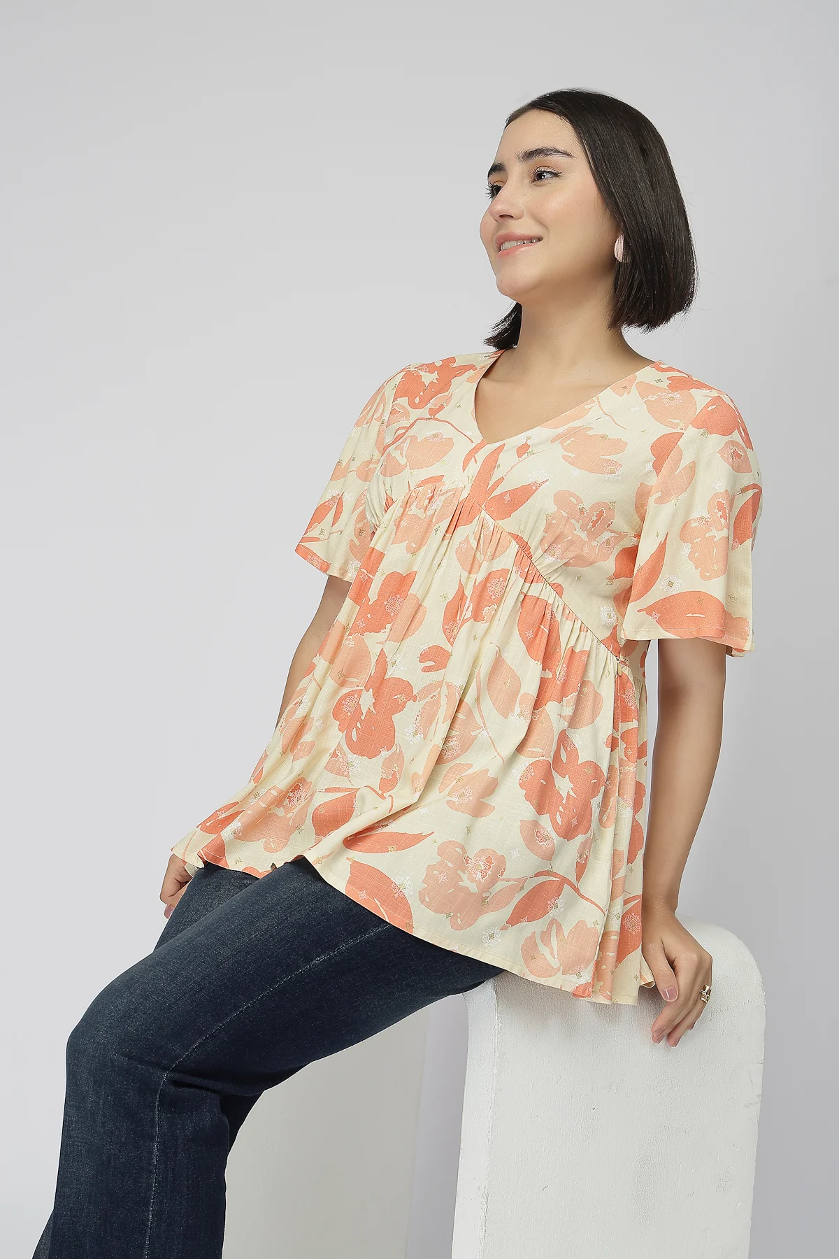 Maternity Rayon Printed  Top with Zip Feeding - Orange - Image 10