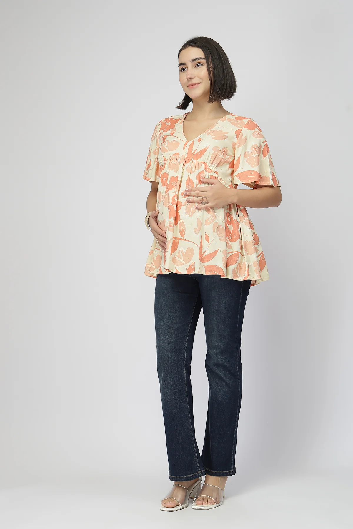 Maternity Rayon Printed  Top with Zip Feeding - Orange - Image 4