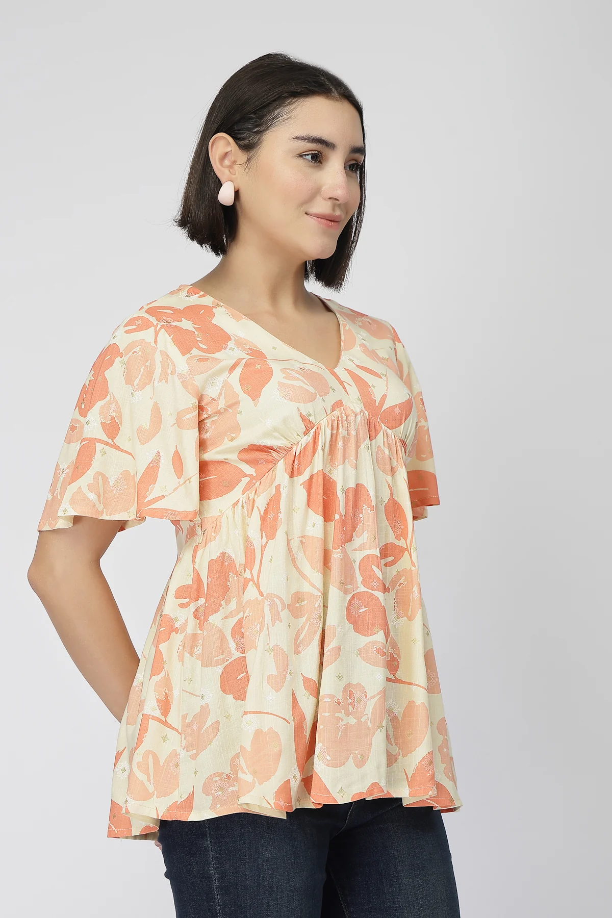 Maternity Rayon Printed  Top with Zip Feeding - Orange - Image 5