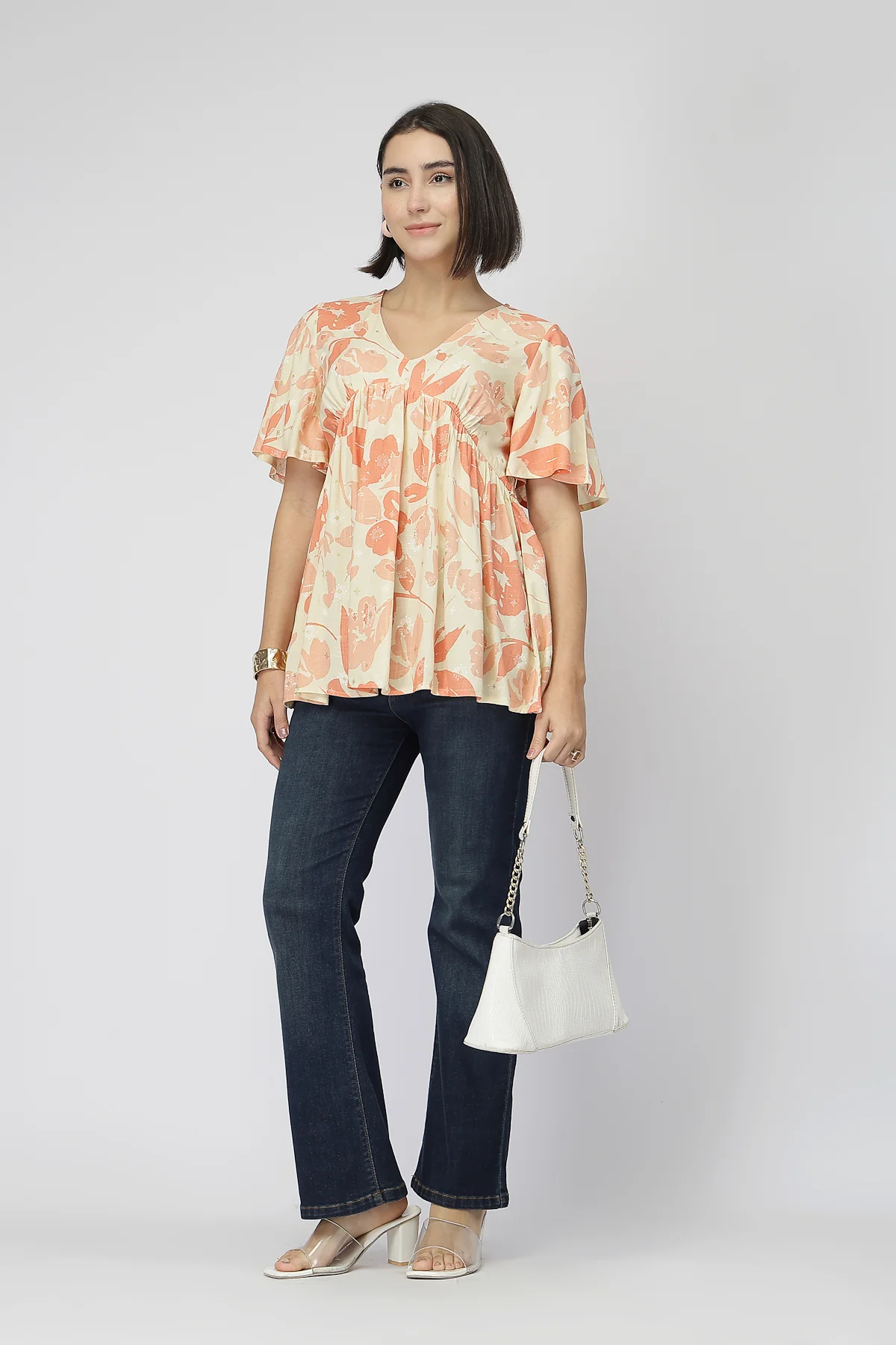 Maternity Rayon Printed  Top with Zip Feeding - Orange - Image 6