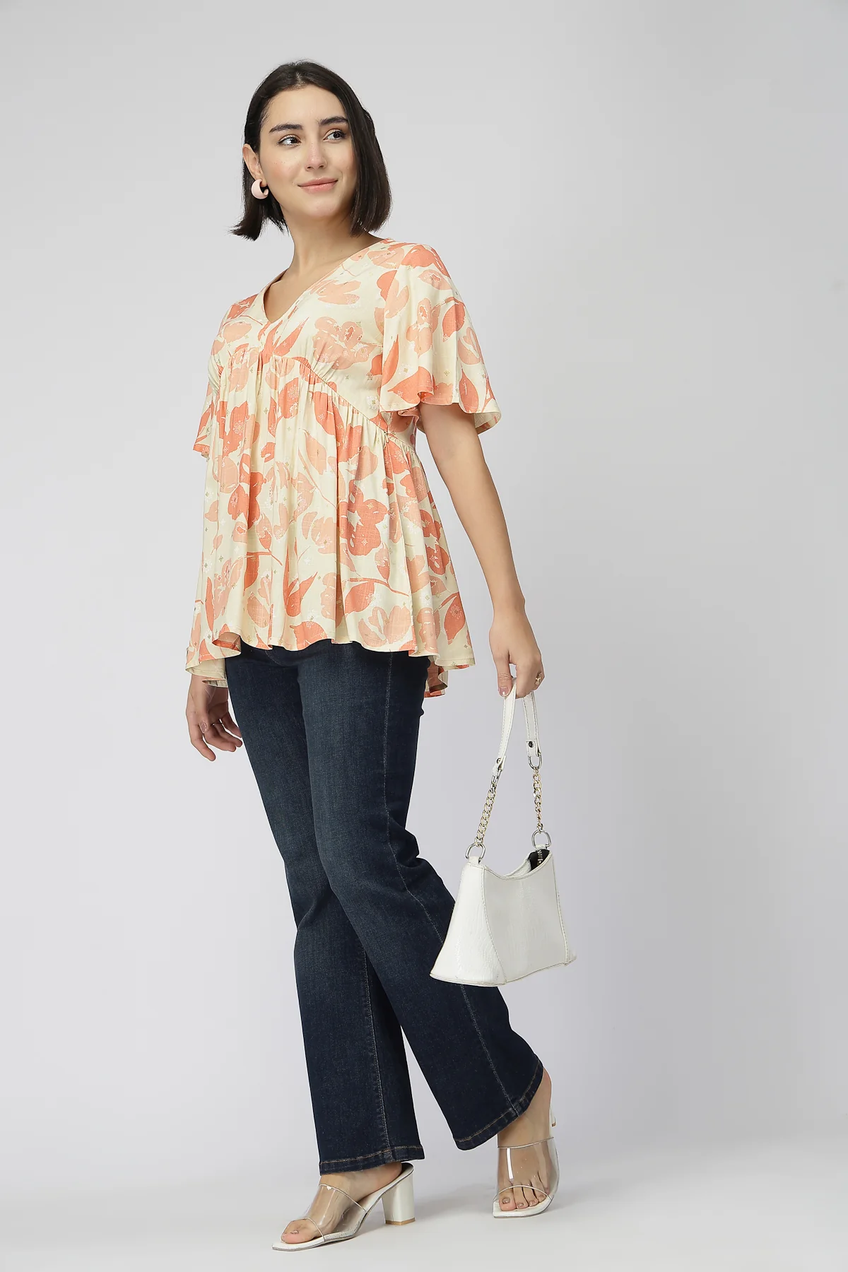 Maternity Rayon Printed  Top with Zip Feeding - Orange - Image 7