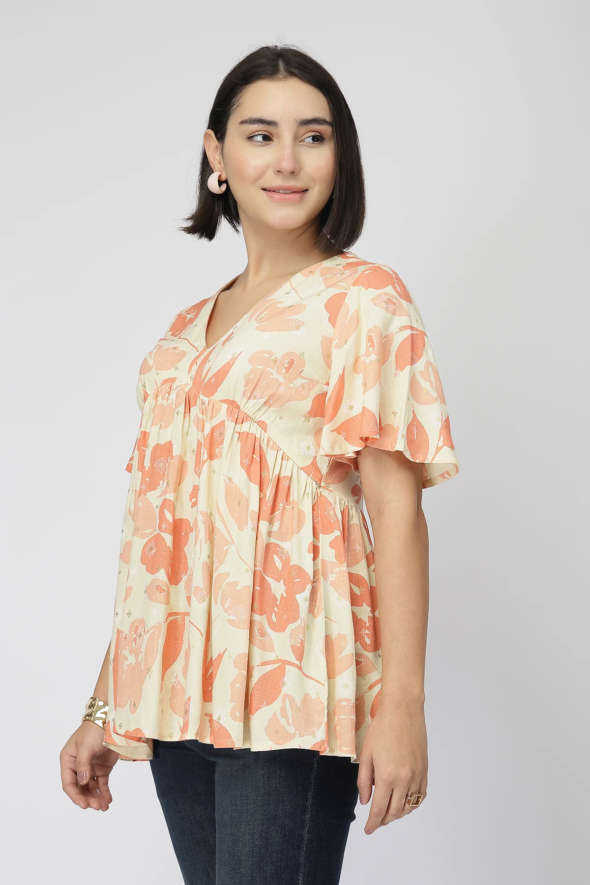 Maternity Rayon Printed  Top with Zip Feeding - Orange - Image 8