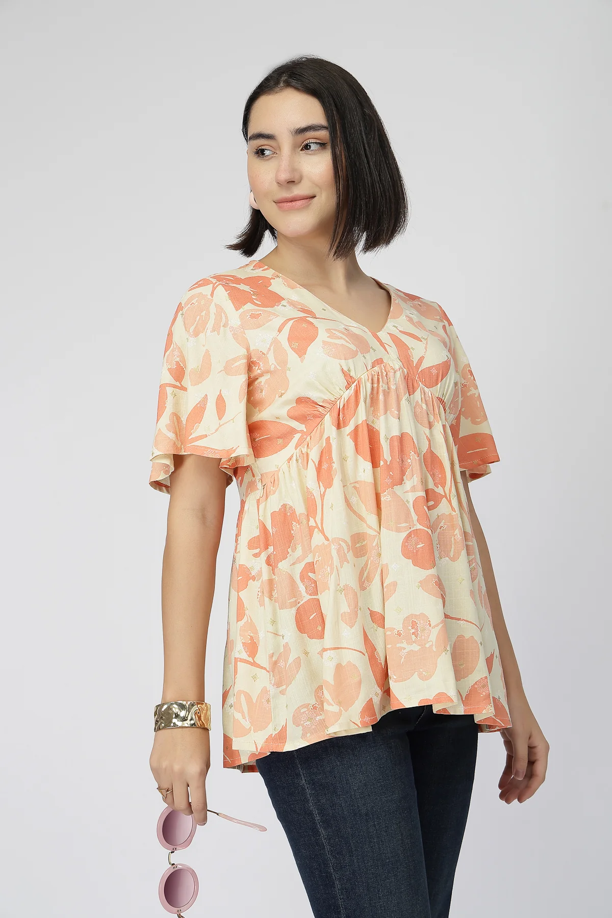 Maternity Rayon Printed  Top with Zip Feeding - Orange - Image 9