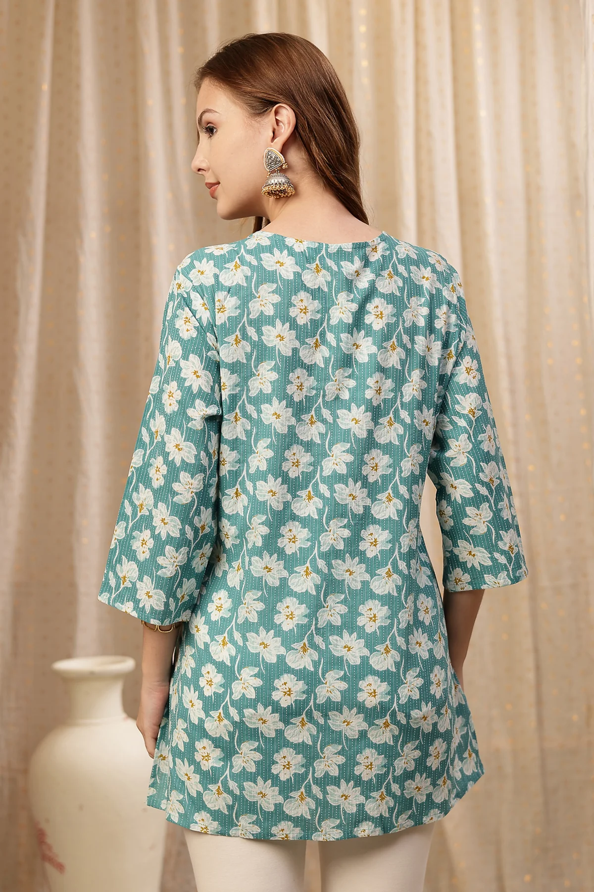 Zipless Feeding Cotton Top with Embroidered Neck - Floral Teal - Image 4