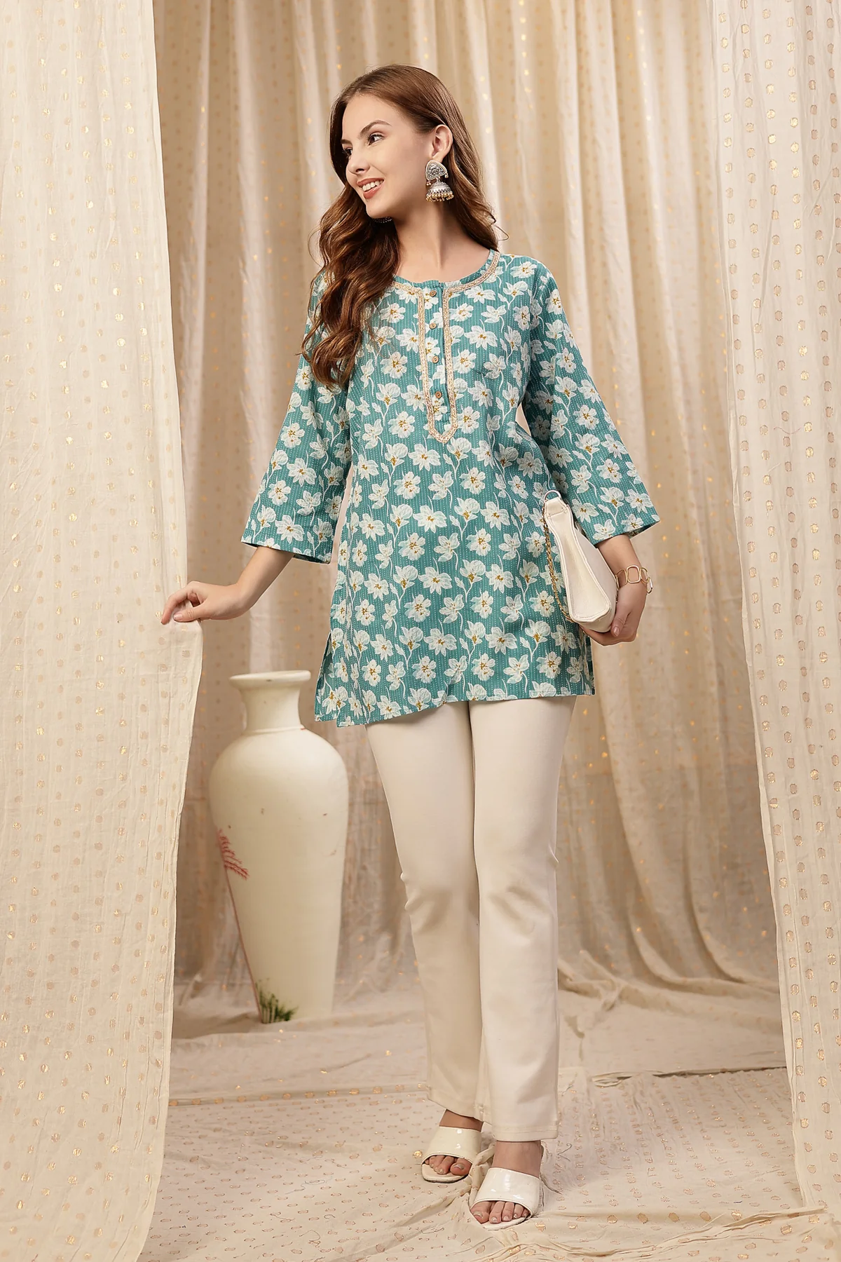 Zipless Feeding Cotton Top with Embroidered Neck - Floral Teal - Image 9