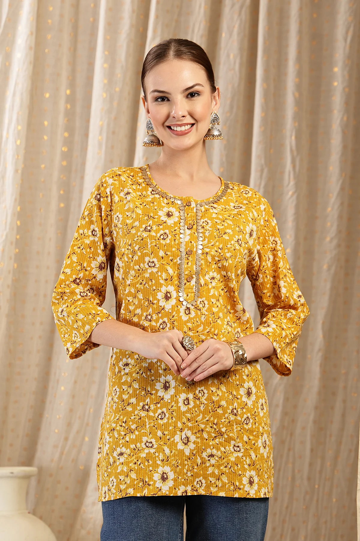 Zipless Feeding Cotton Top with Embroidered Neck - Gold - Image 10