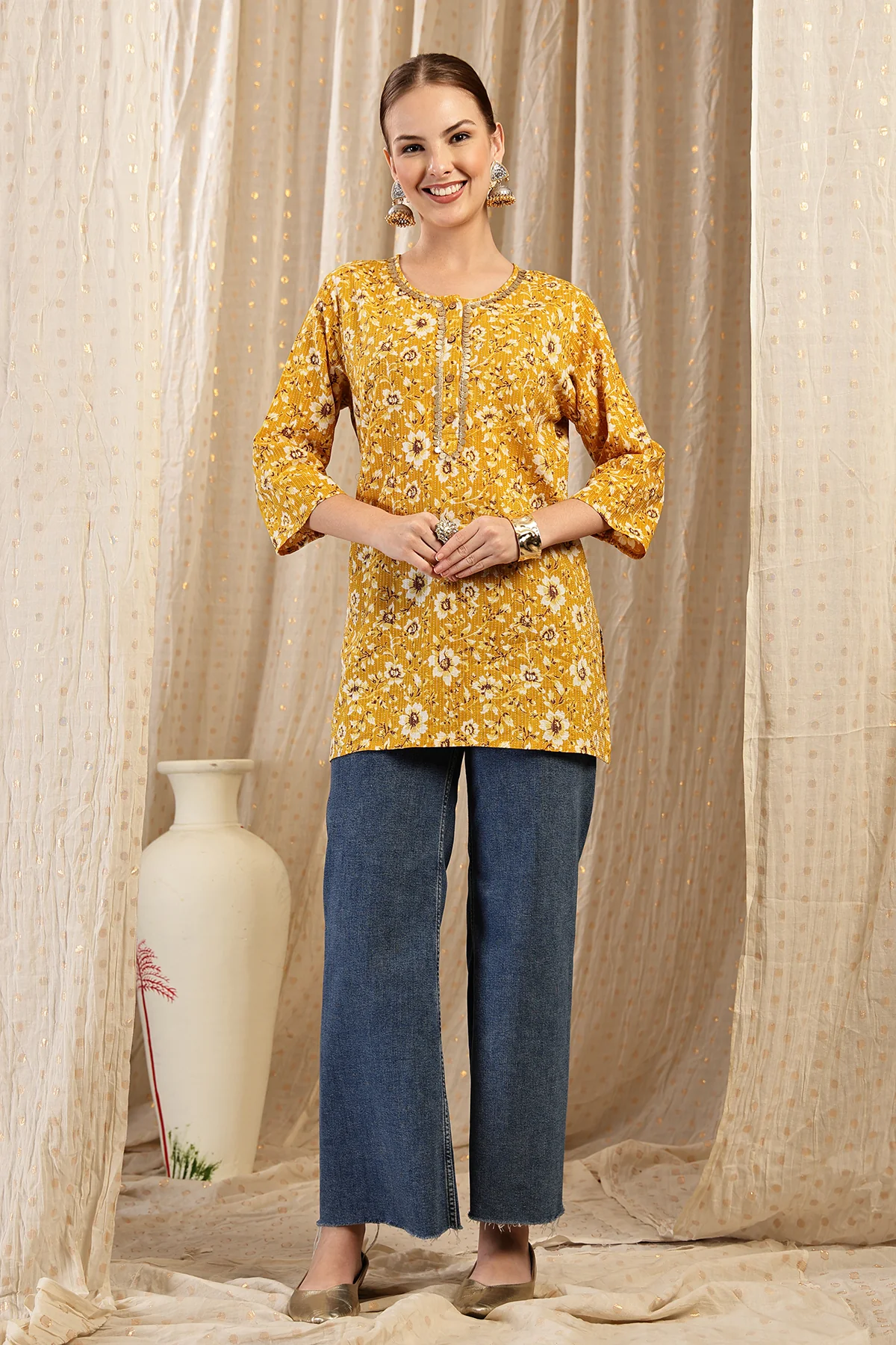 Zipless Feeding Cotton Top with Embroidered Neck - Gold - Image 11