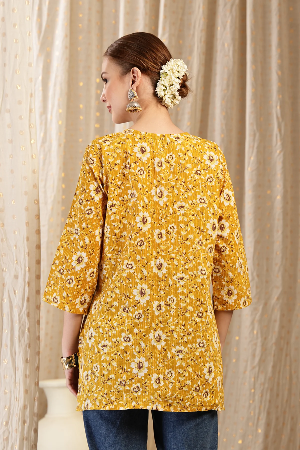 Zipless Feeding Cotton Top with Embroidered Neck - Gold - Image 3