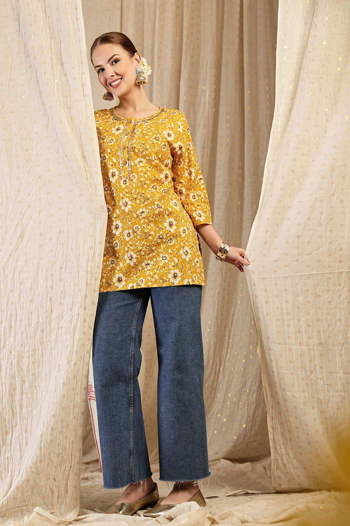 Zipless Feeding Cotton Top with Embroidered Neck - Gold - Image 7