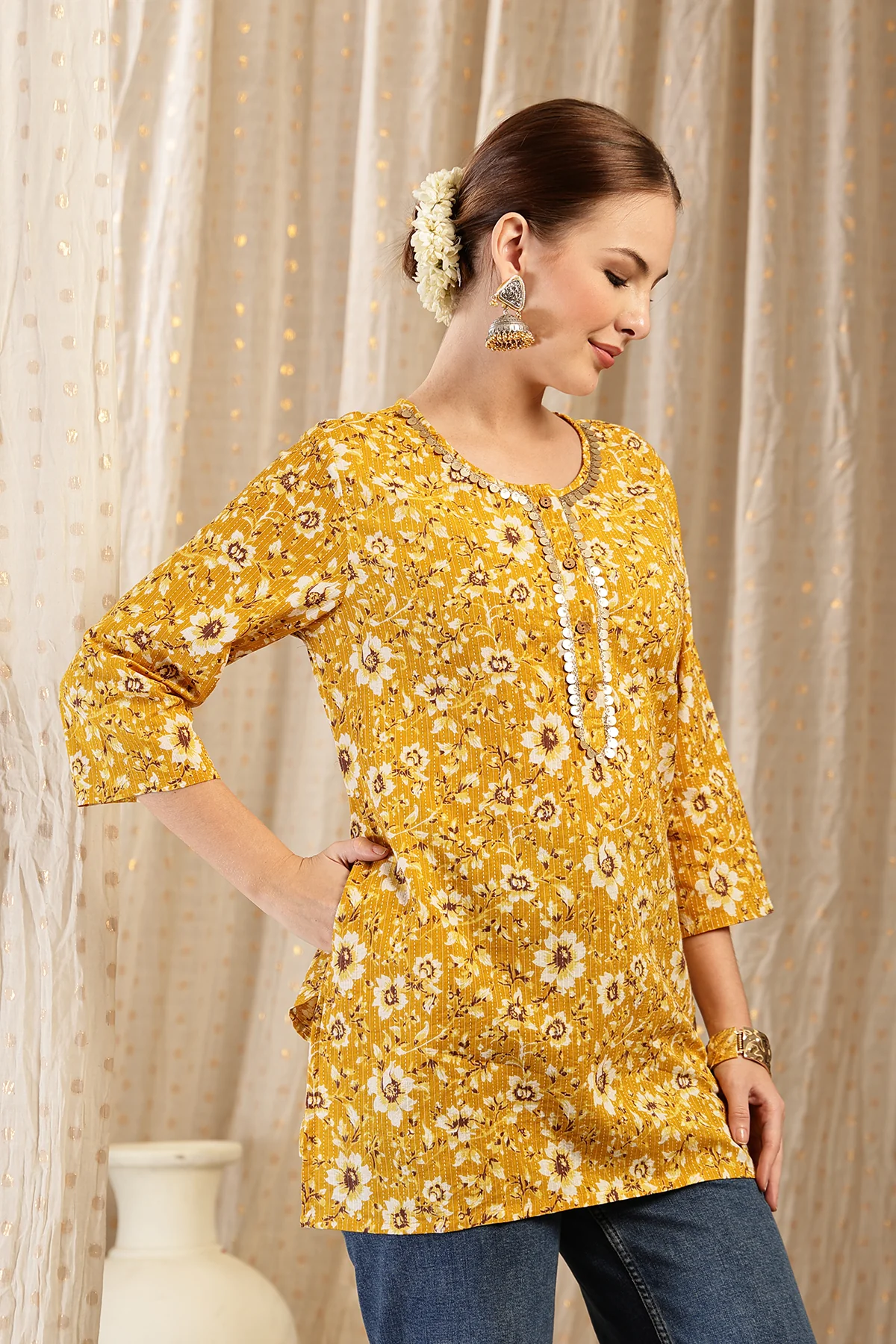 Zipless Feeding Cotton Top with Embroidered Neck - Gold - Image 8