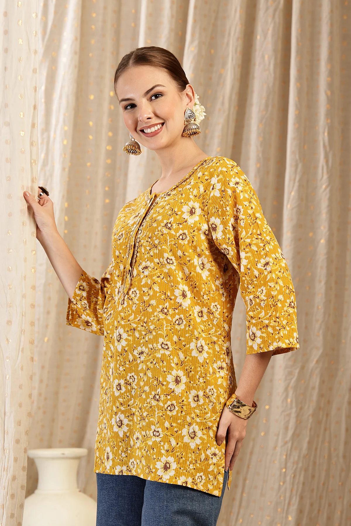 Zipless Feeding Cotton Top with Embroidered Neck - Gold - Image 9