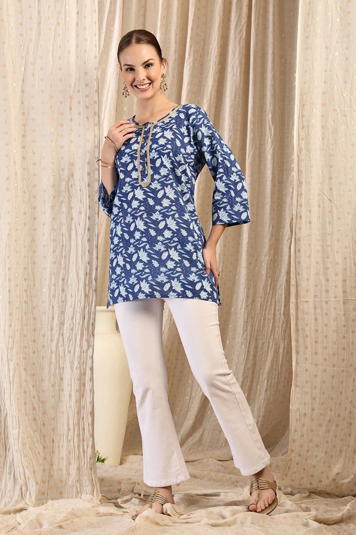 Zipless Feeding Cotton Top with Embroidered Neck - Indigo - Image 10