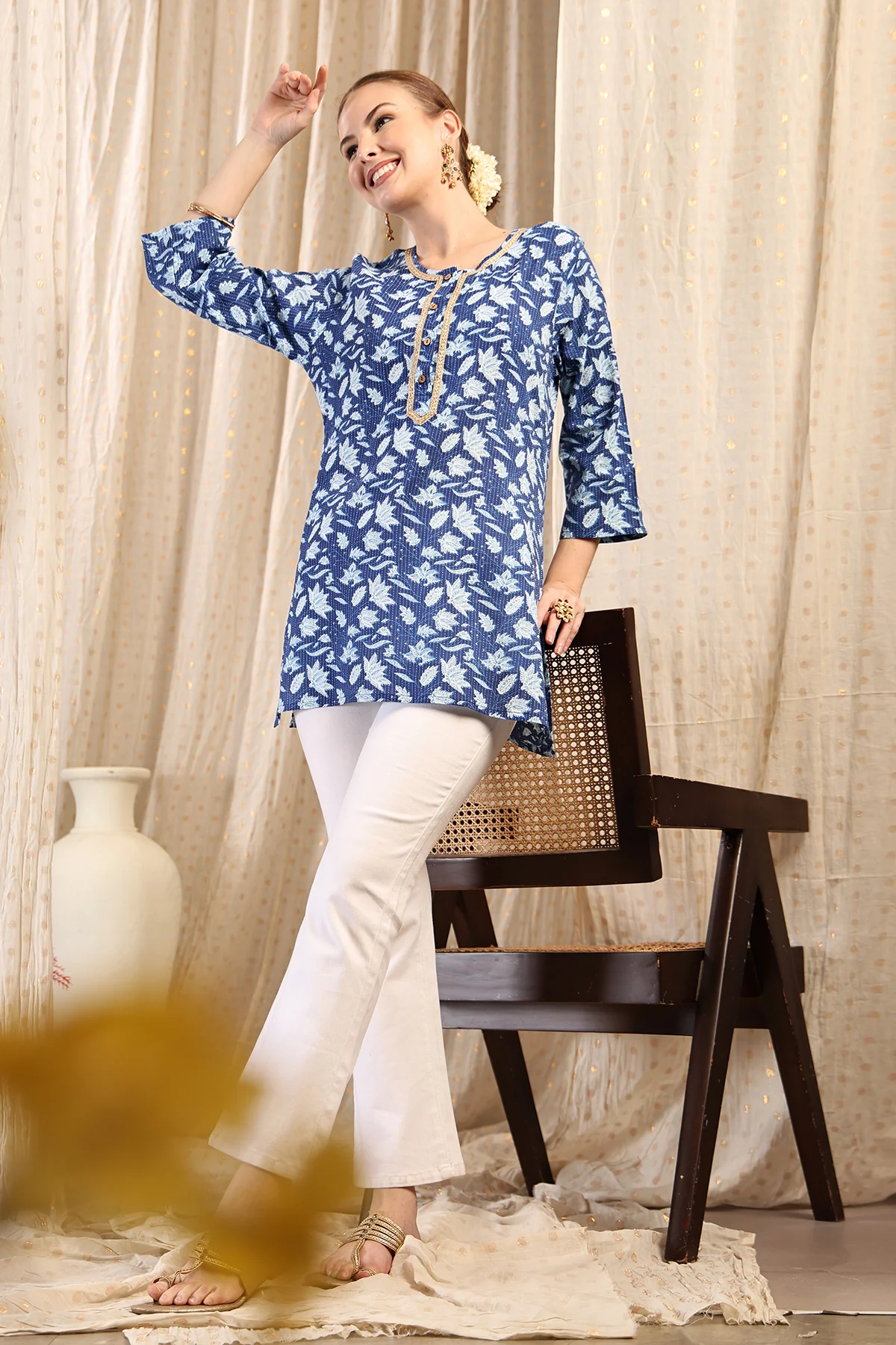 Zipless Feeding Cotton Top with Embroidered Neck - Indigo - Image 8