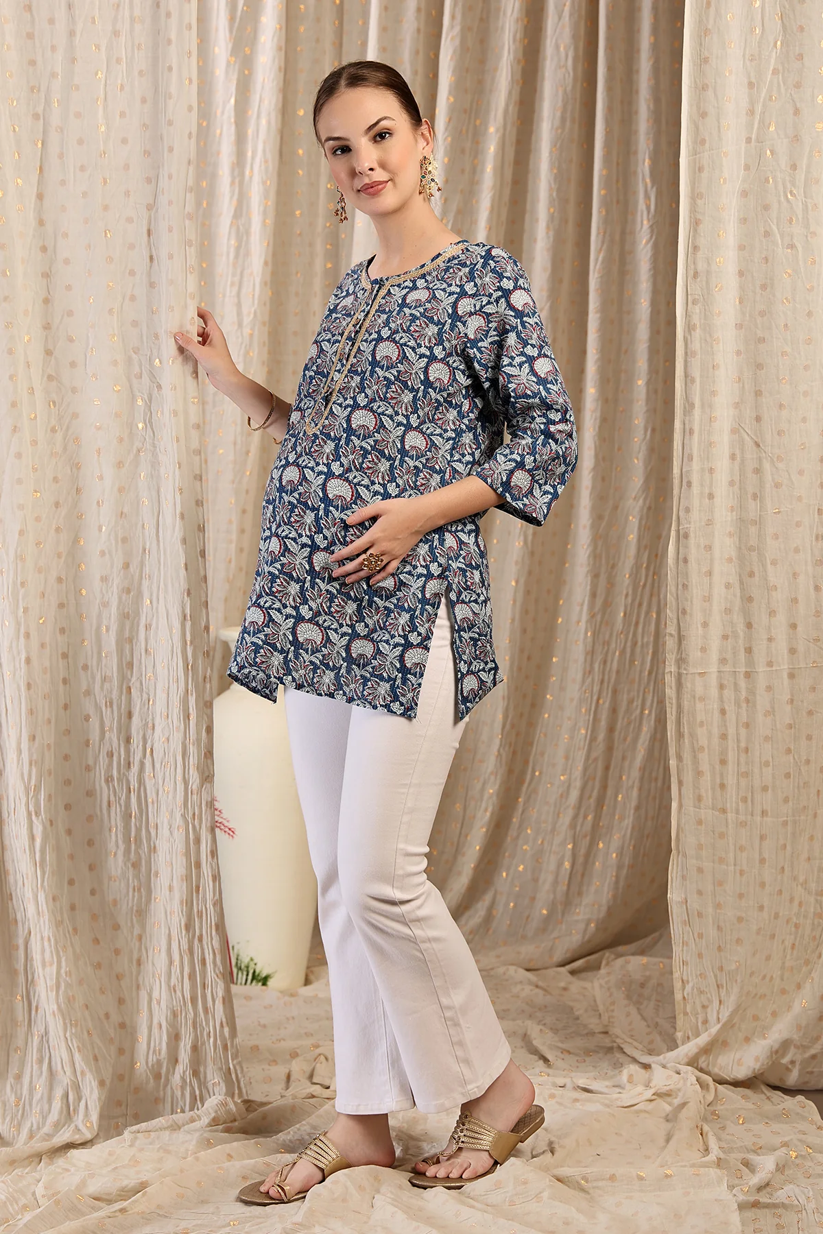 Zipless Feeding Cotton Top with Embroidered Neck - Multi - Image 12
