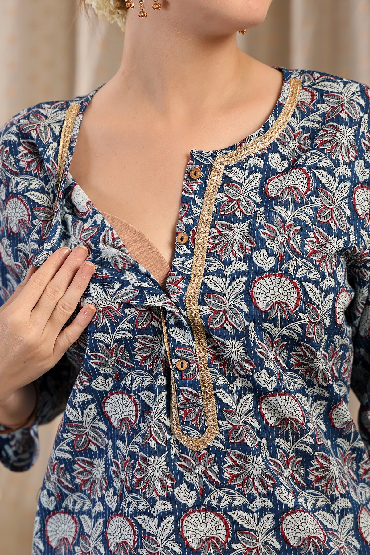 Zipless Feeding Cotton Top with Embroidered Neck - Multi - Image 3