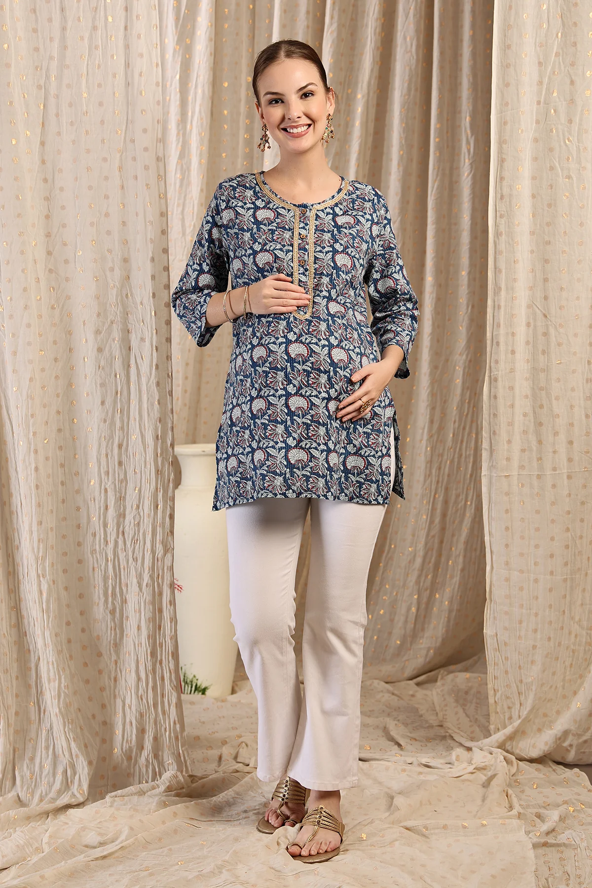 Zipless Feeding Cotton Top with Embroidered Neck - Multi - Image 5