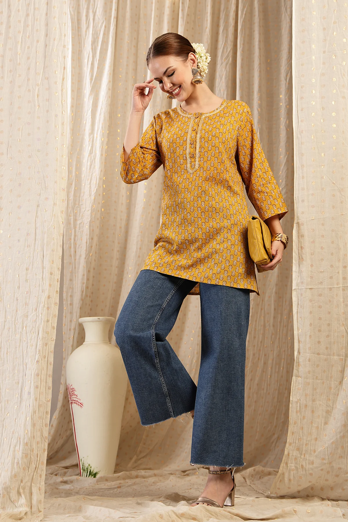 Zipless Feeding Cotton Top with Embroidered Neck - Ocher Booty - Image 5