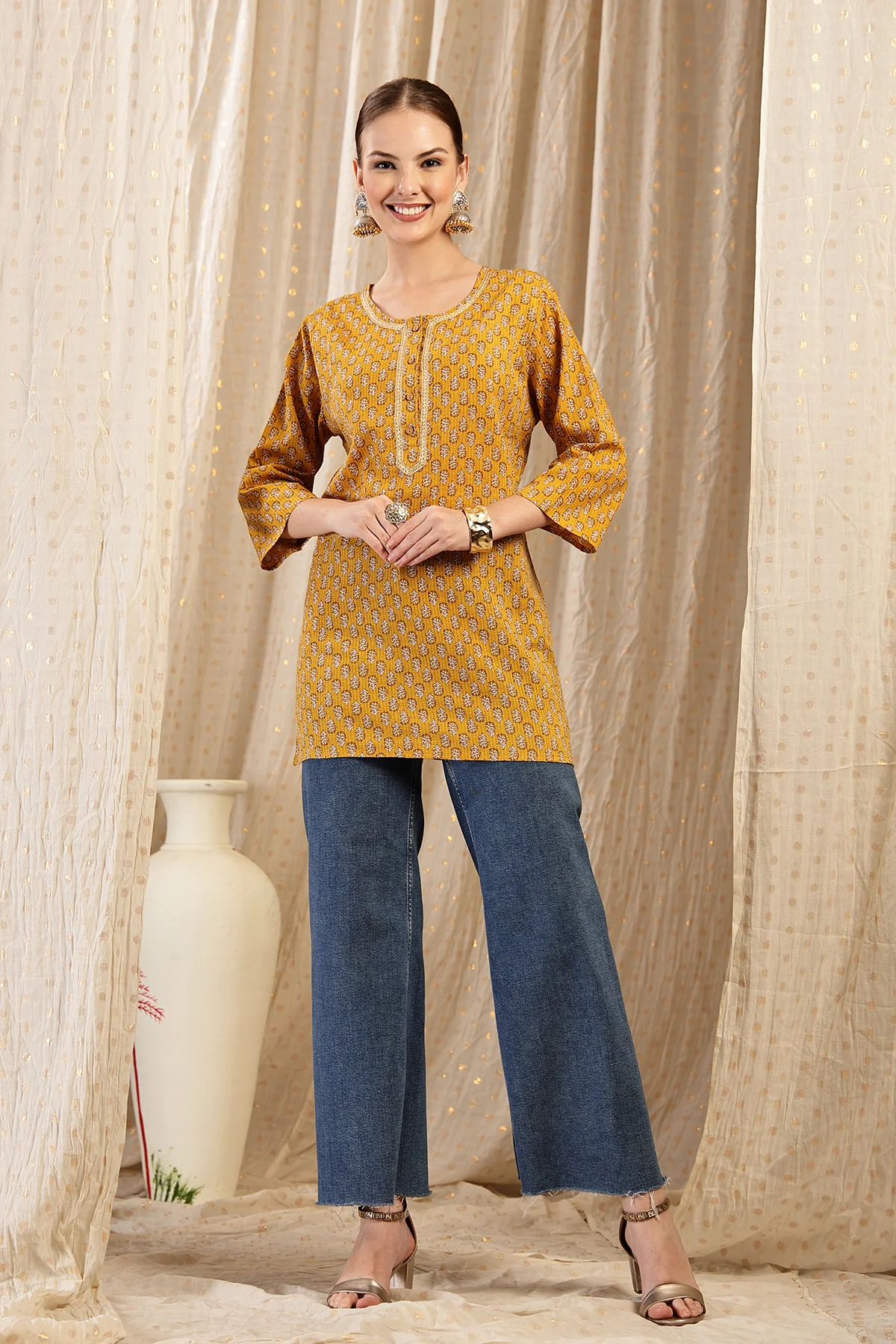 Zipless Feeding Cotton Top with Embroidered Neck - Ocher Booty - Image 7