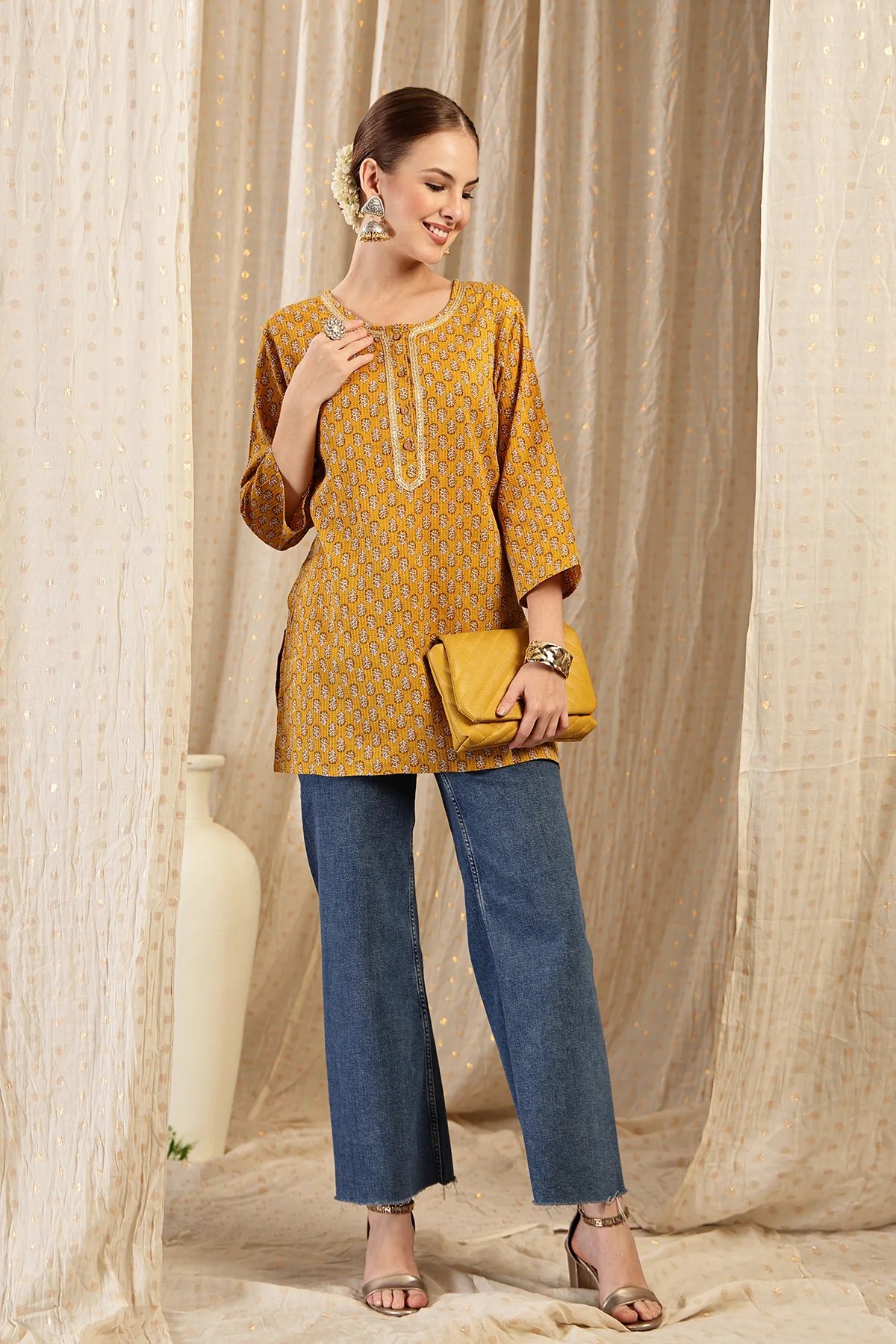 Zipless Feeding Cotton Top with Embroidered Neck - Ocher Booty - Image 9