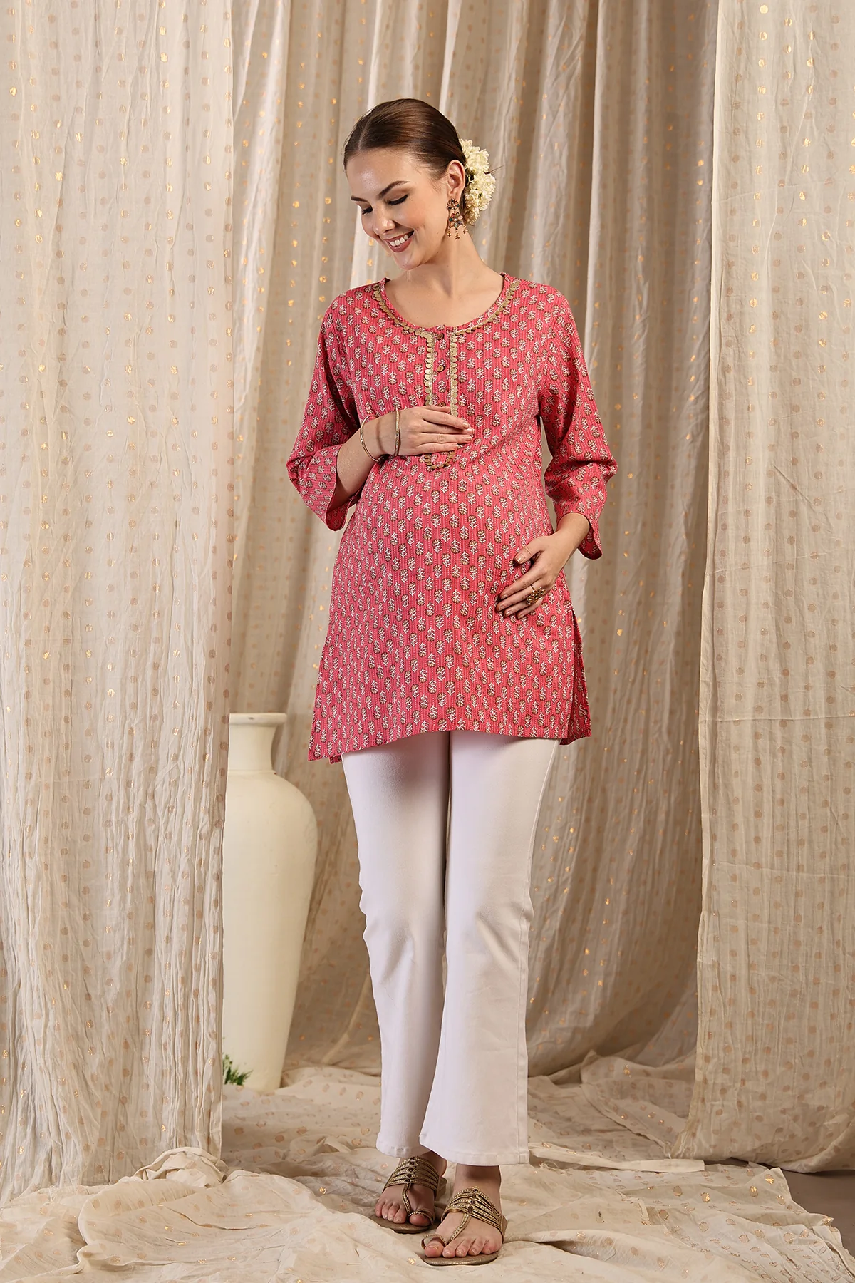 Zipless Feeding Cotton Top with Embroidered Neck - Pink Booty - Image 10