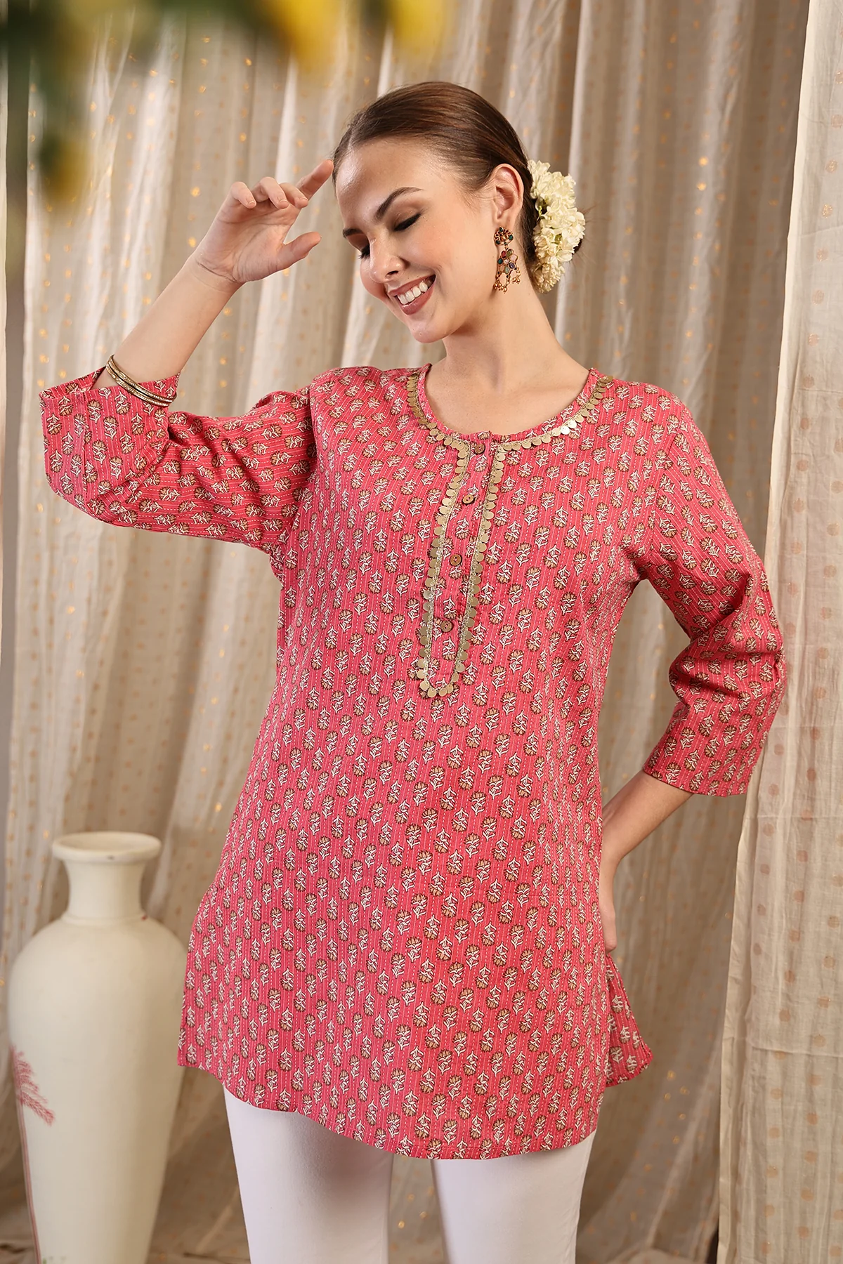 Zipless Feeding Cotton Top with Embroidered Neck - Pink Booty - Image 2
