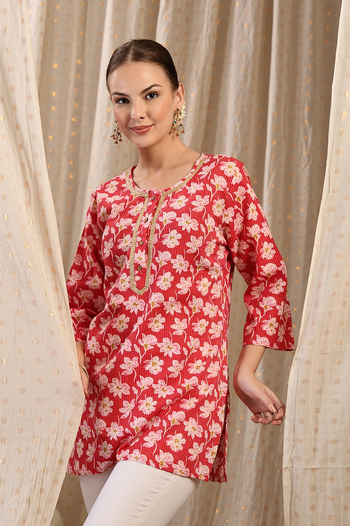 Zipless Feeding Cotton Top with Embroidered Neck - Red Floral - Image 11