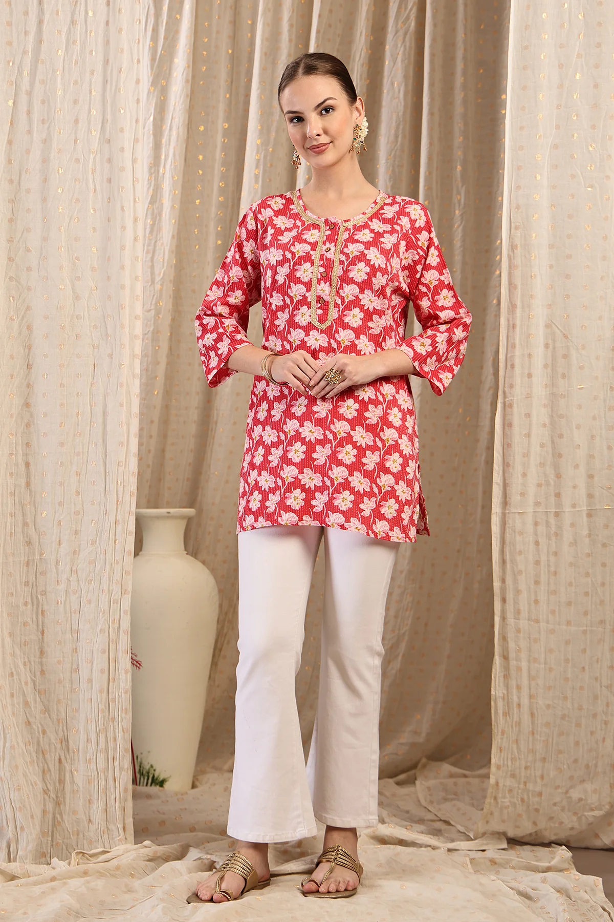 Zipless Feeding Cotton Top with Embroidered Neck - Red Floral - Image 12