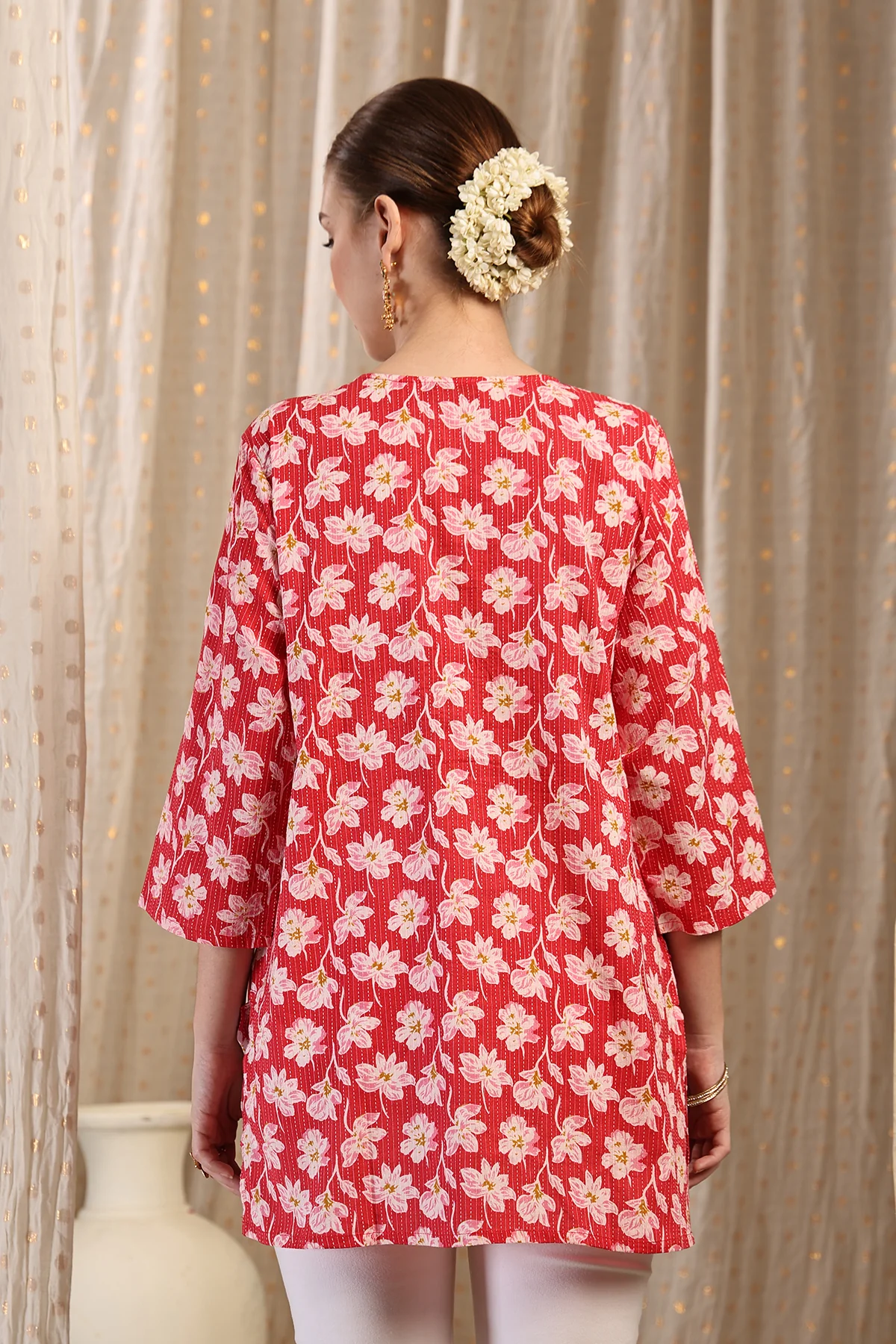 Zipless Feeding Cotton Top with Embroidered Neck - Red Floral - Image 3