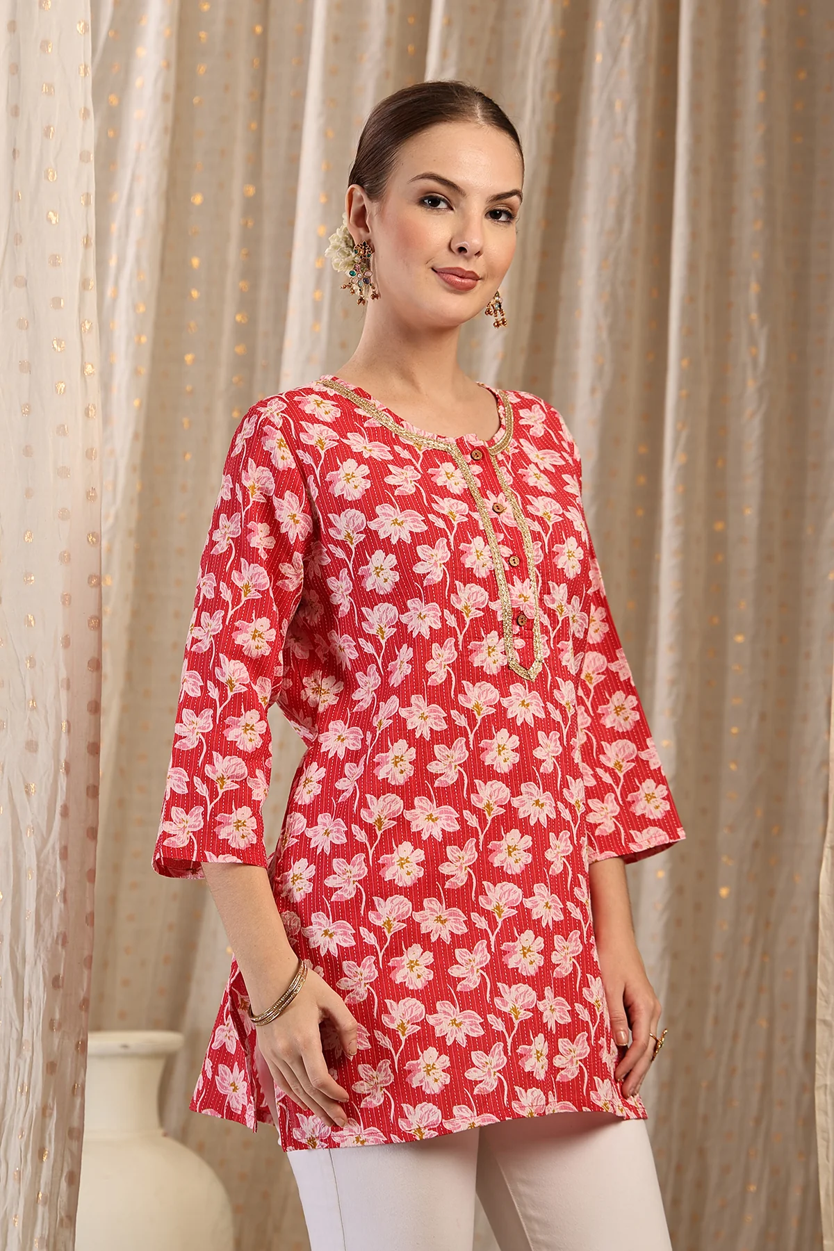 Zipless Feeding Cotton Top with Embroidered Neck - Red Floral - Image 9