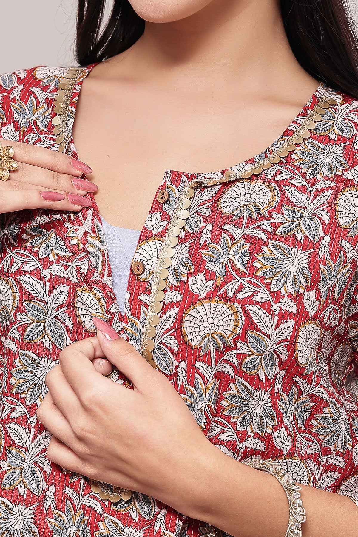 Zipless Feeding Cotton Top with Embroidered Neck - Red Multi - Image 2