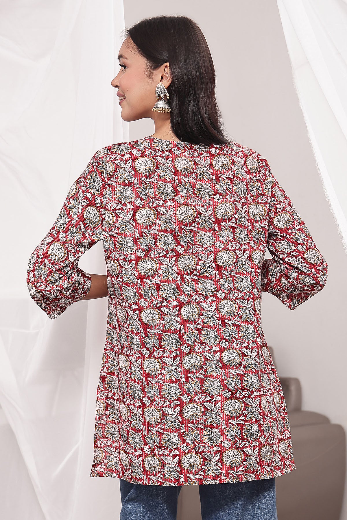 Zipless Feeding Cotton Top with Embroidered Neck - Red Multi - Image 3