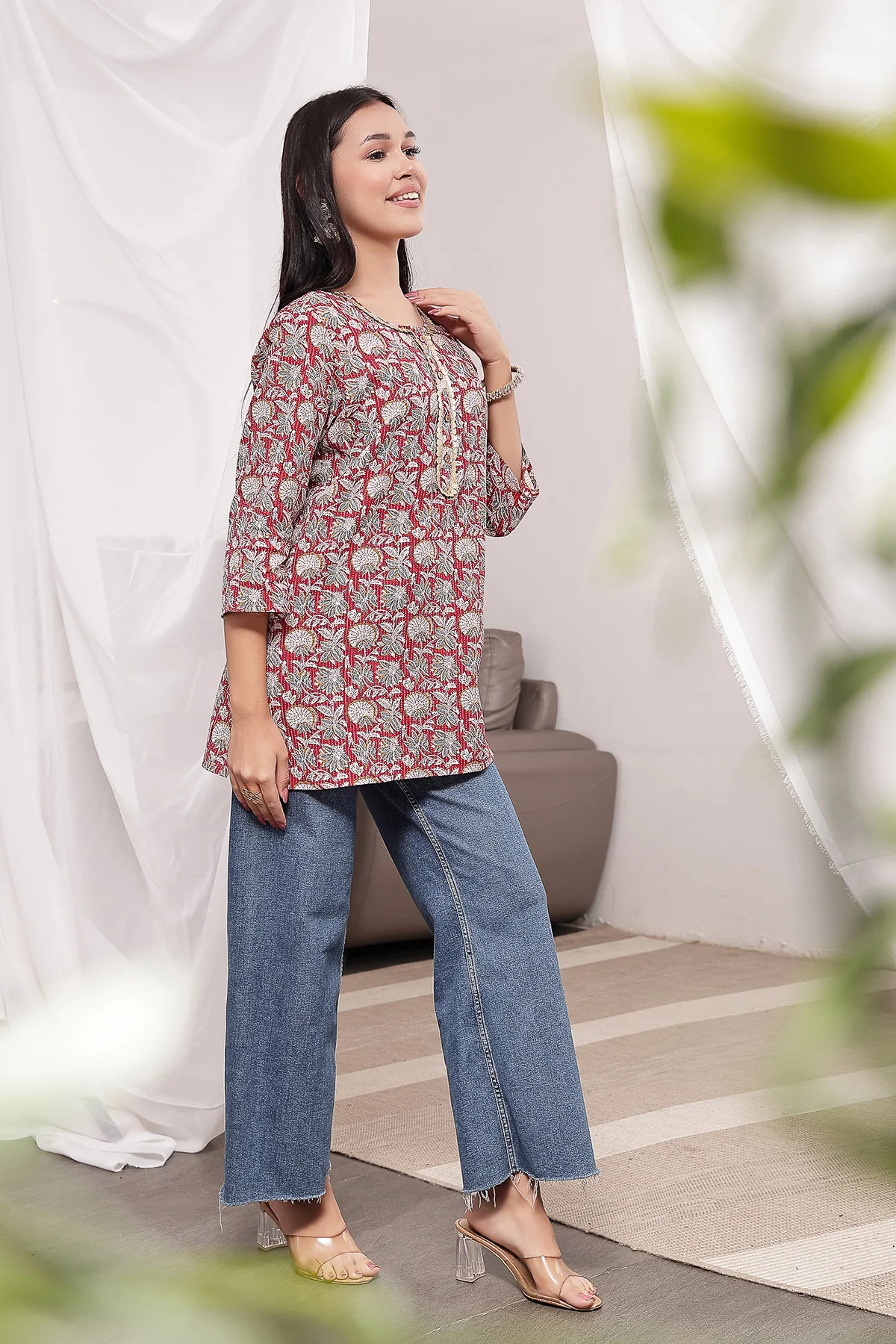 Zipless Feeding Cotton Top with Embroidered Neck - Red Multi - Image 7