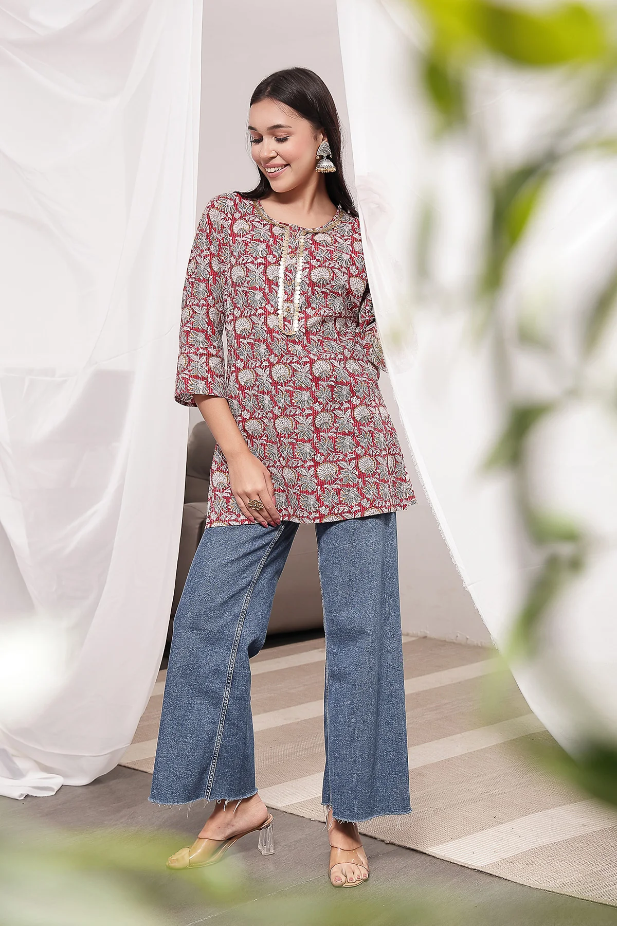 Zipless Feeding Cotton Top with Embroidered Neck - Red Multi - Image 8