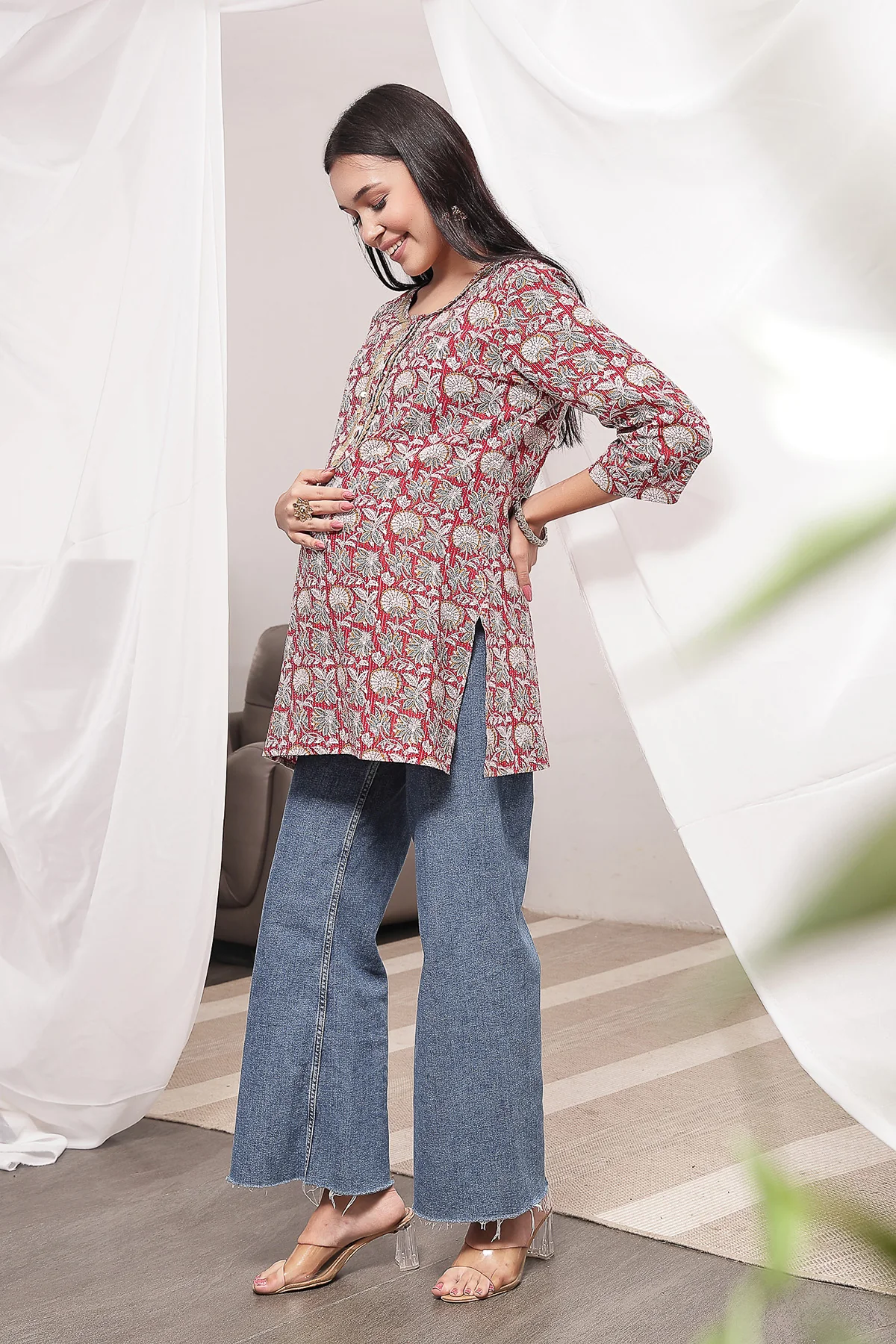 Zipless Feeding Cotton Top with Embroidered Neck - Red Multi - Image 9