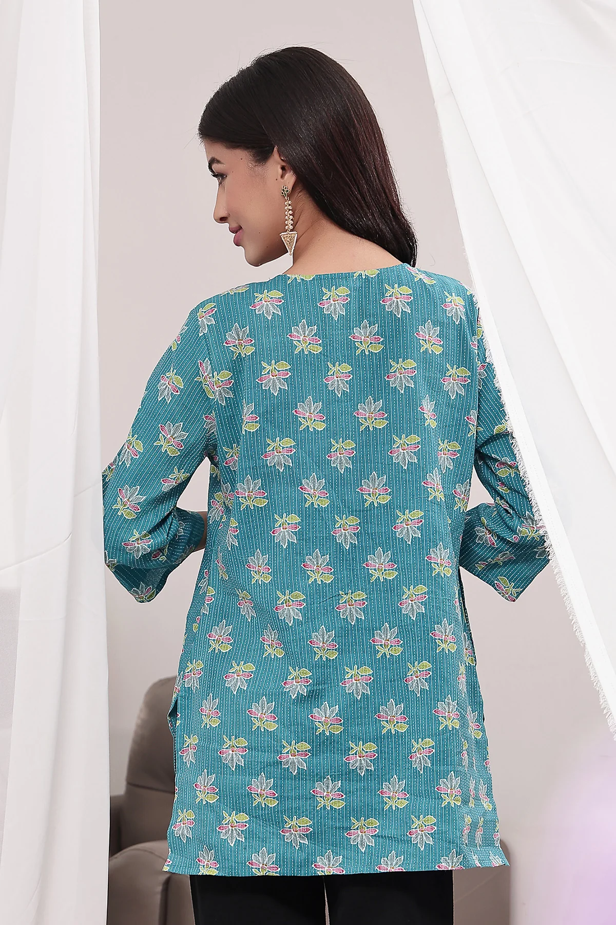 Zipless Feeding Cotton Top with Embroidered Neck - Teal Booty - Image 3