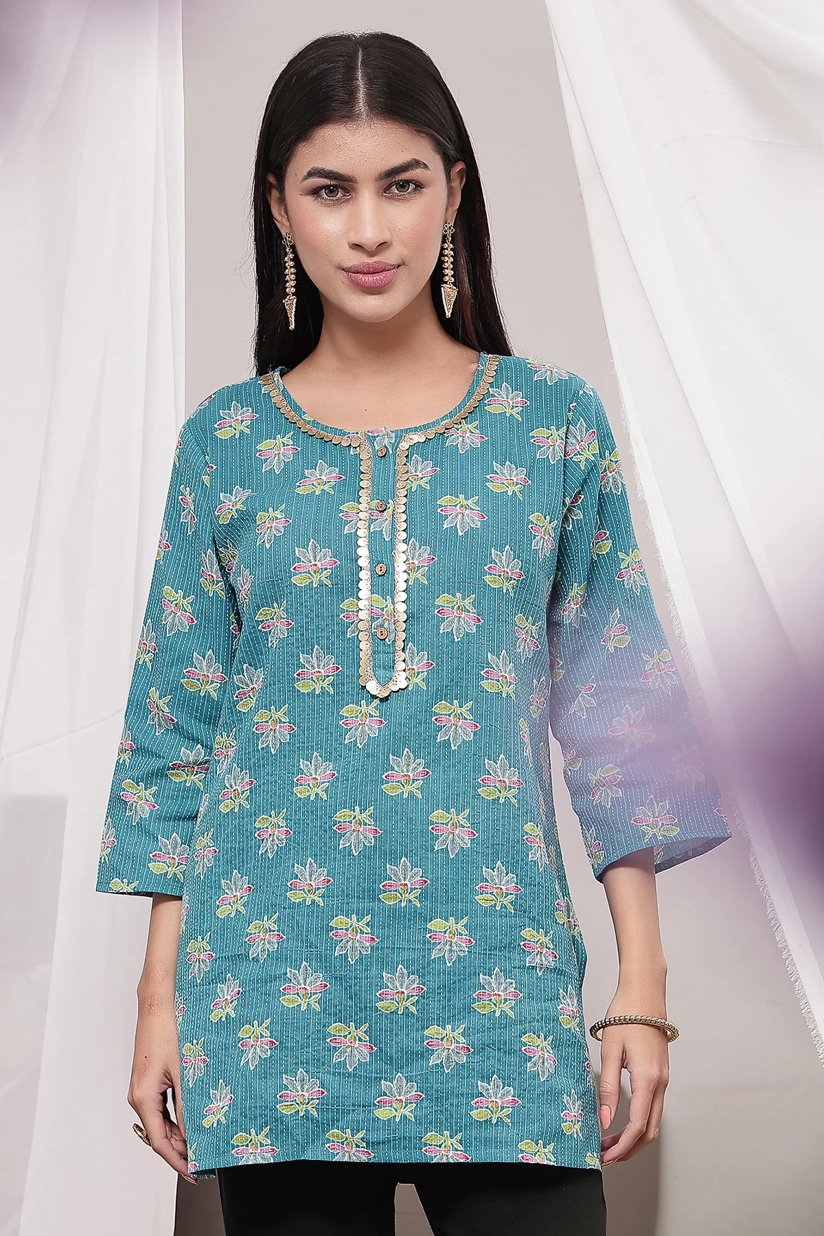 Zipless Feeding Cotton Top with Embroidered Neck - Teal Booty - Image 4