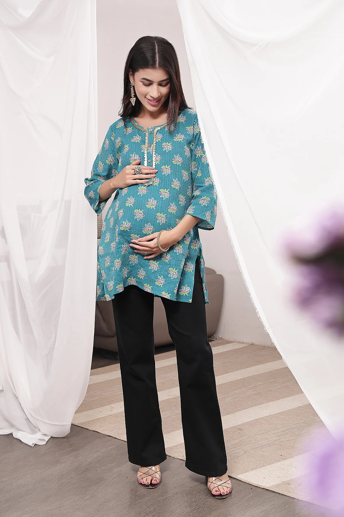 Zipless Feeding Cotton Top with Embroidered Neck - Teal Booty - Image 5