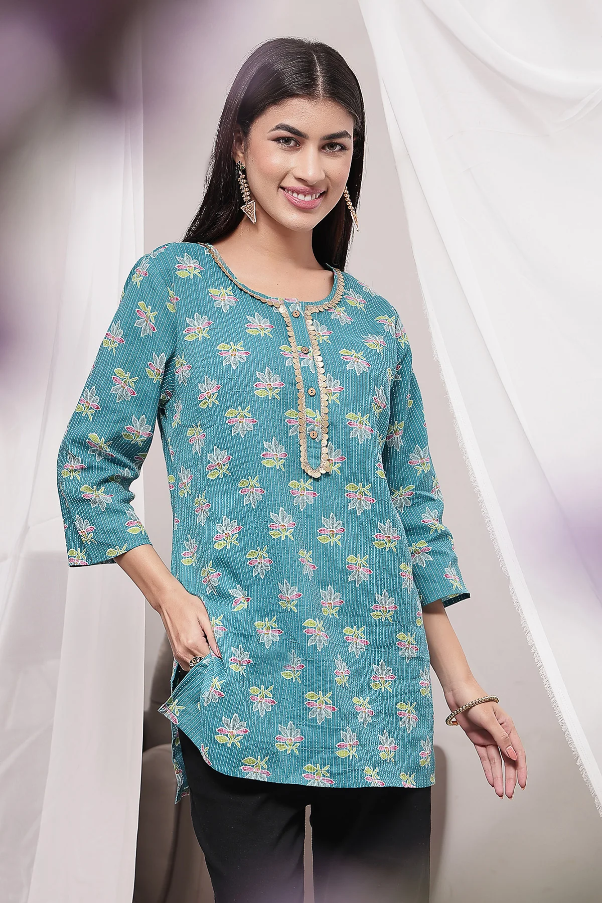 Zipless Feeding Cotton Top with Embroidered Neck - Teal Booty - Image 6