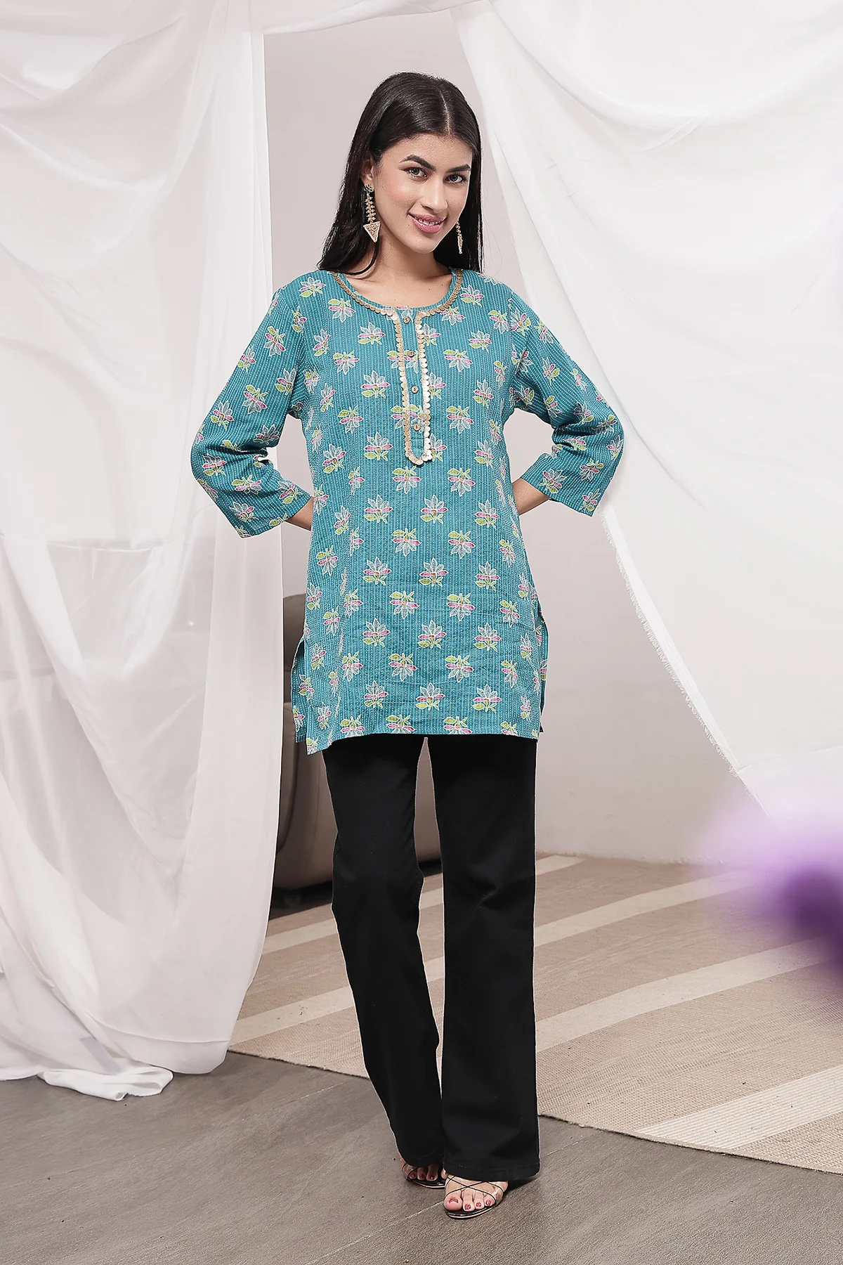 Zipless Feeding Cotton Top with Embroidered Neck - Teal Booty - Image 8
