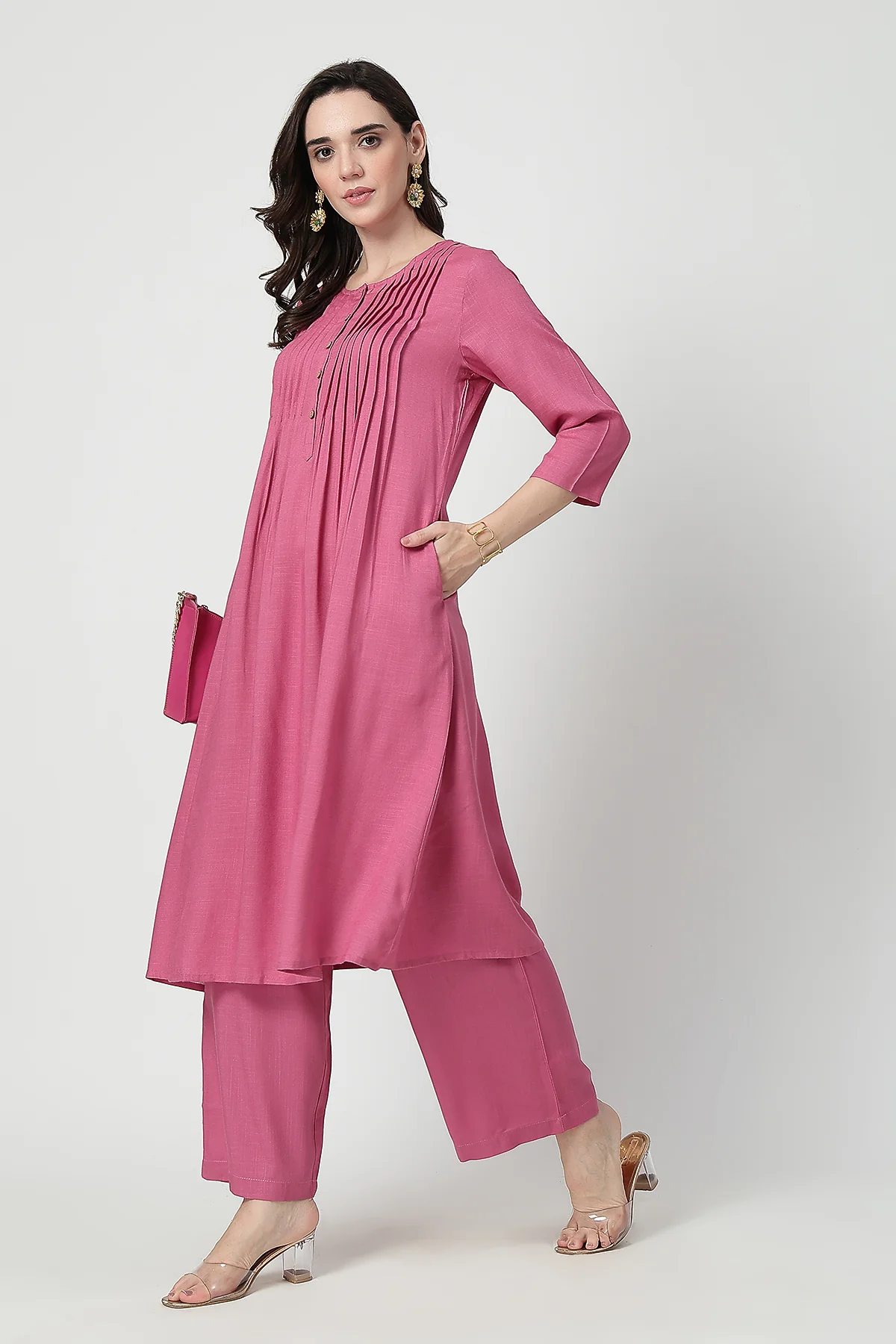 Zipless Feeding Rayon Maternity Kurta-Pant Set - Light Magenta - Image 12