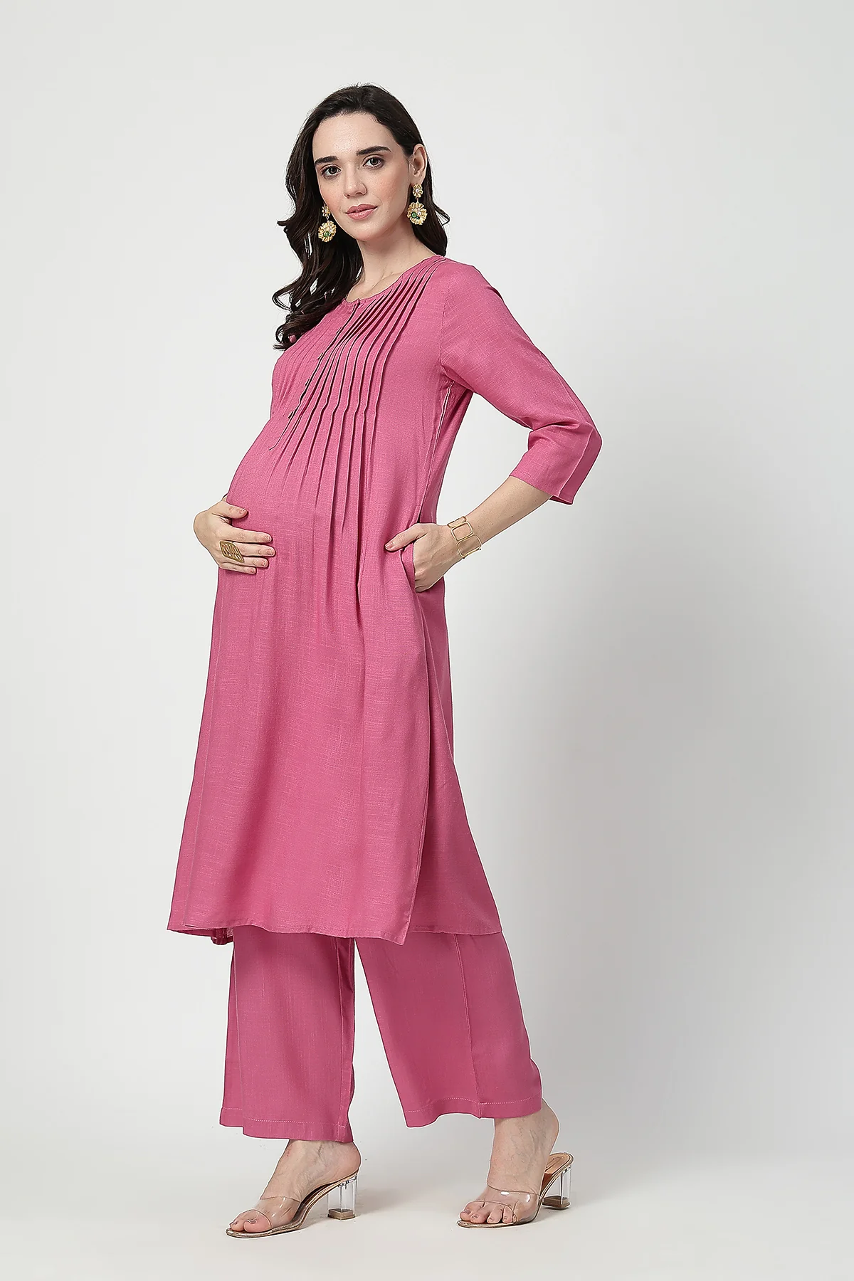 Zipless Feeding Rayon Maternity Kurta-Pant Set - Light Magenta - Image 4
