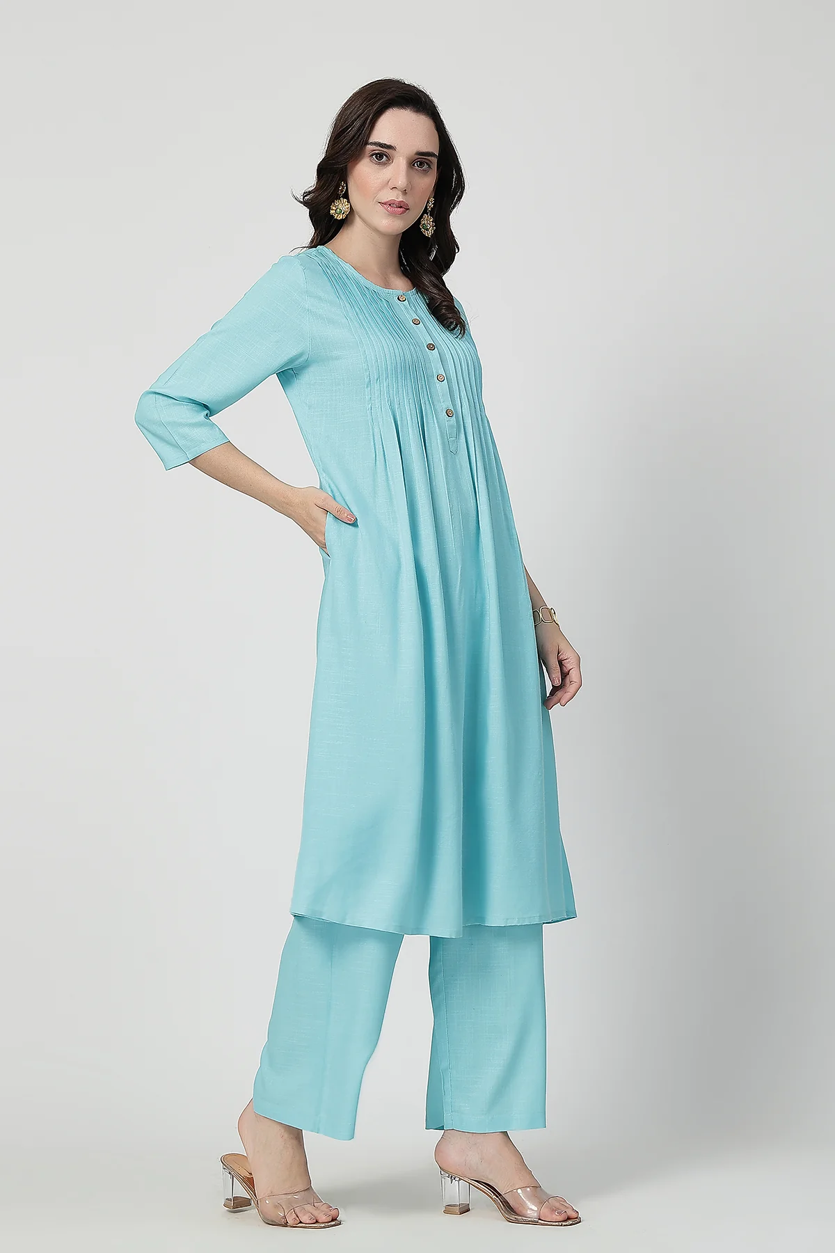 Zipless Feeding Rayon Maternity Kurta-Pant Set - Turquoise - Image 11
