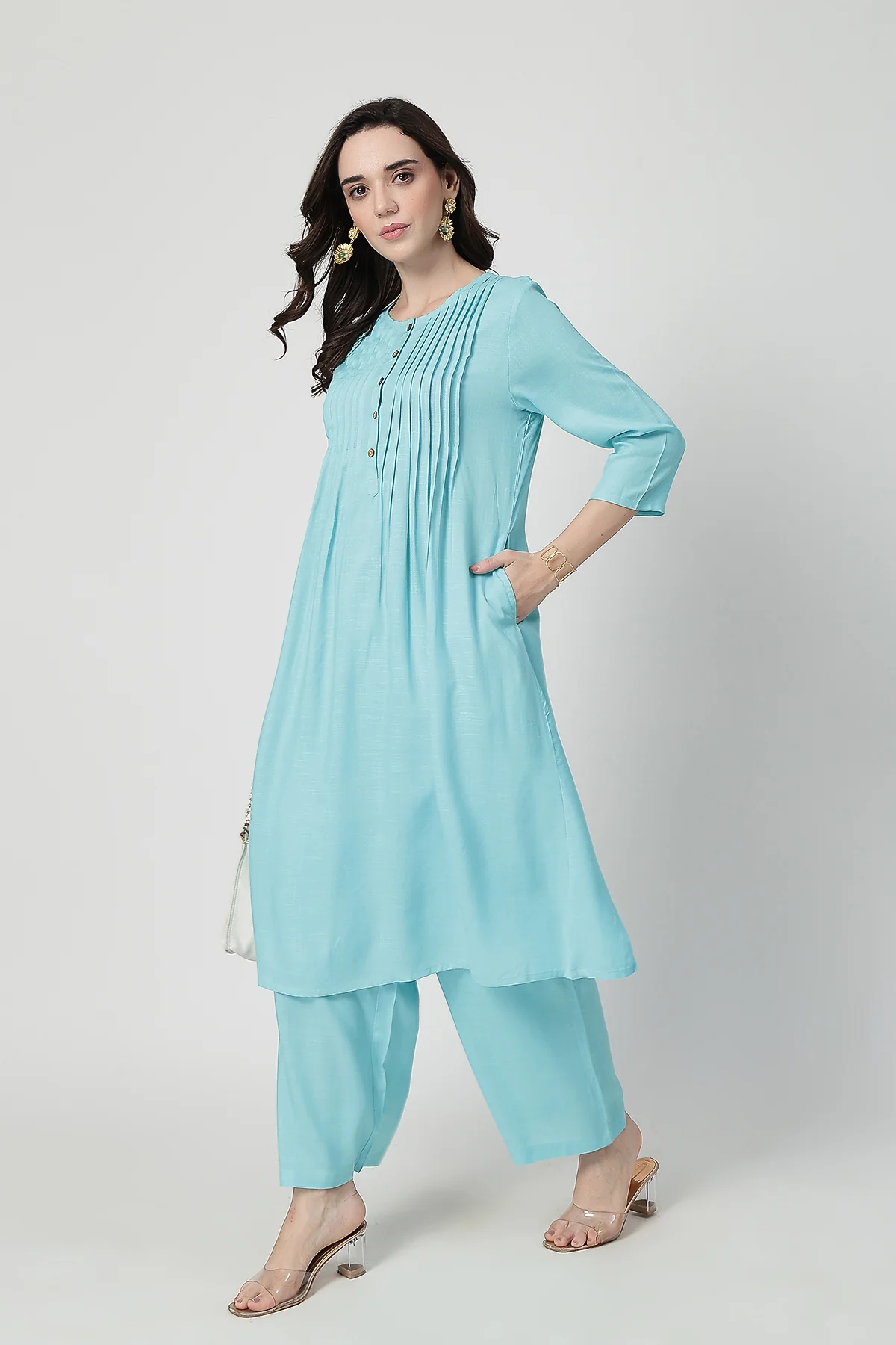 Zipless Feeding Rayon Maternity Kurta-Pant Set - Turquoise - Image 12
