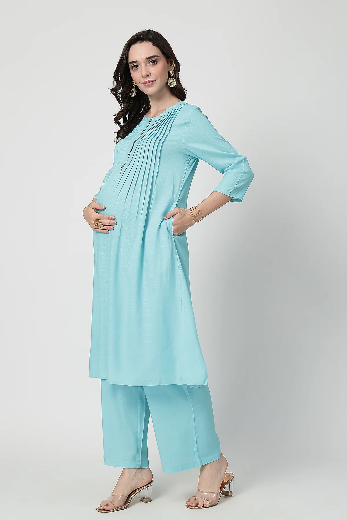 Zipless Feeding Rayon Maternity Kurta-Pant Set - Turquoise - Image 5