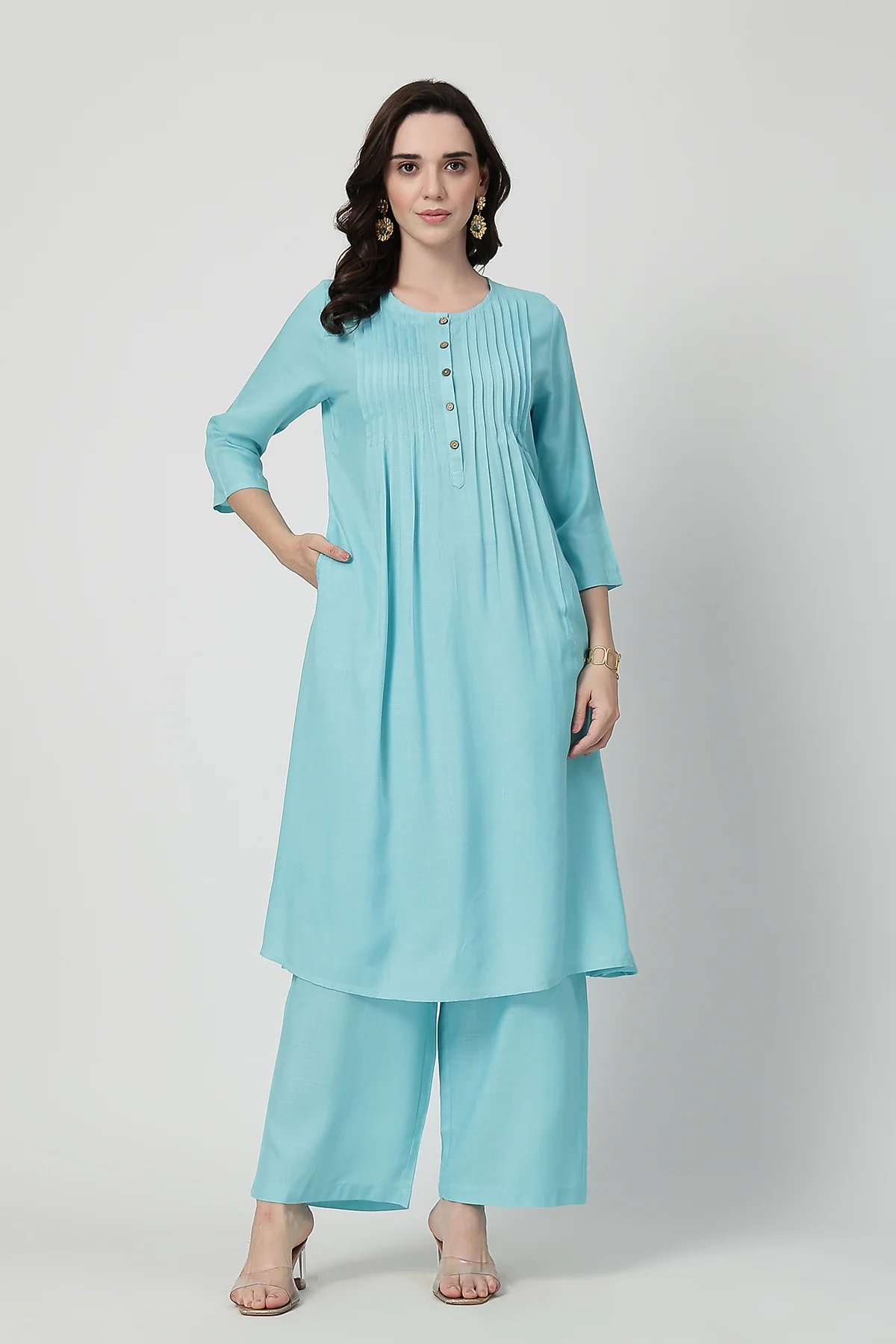 Zipless Feeding Rayon Maternity Kurta-Pant Set - Turquoise - Image 7