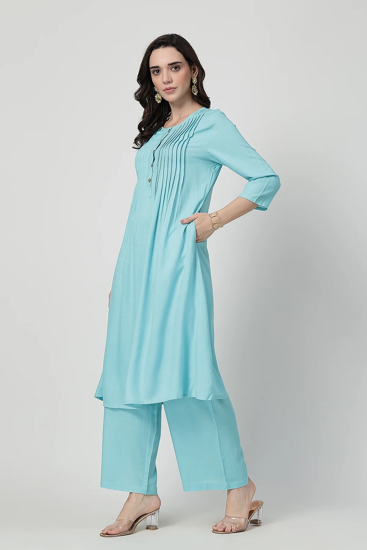 Zipless Feeding Rayon Maternity Kurta-Pant Set - Turquoise - Image 9