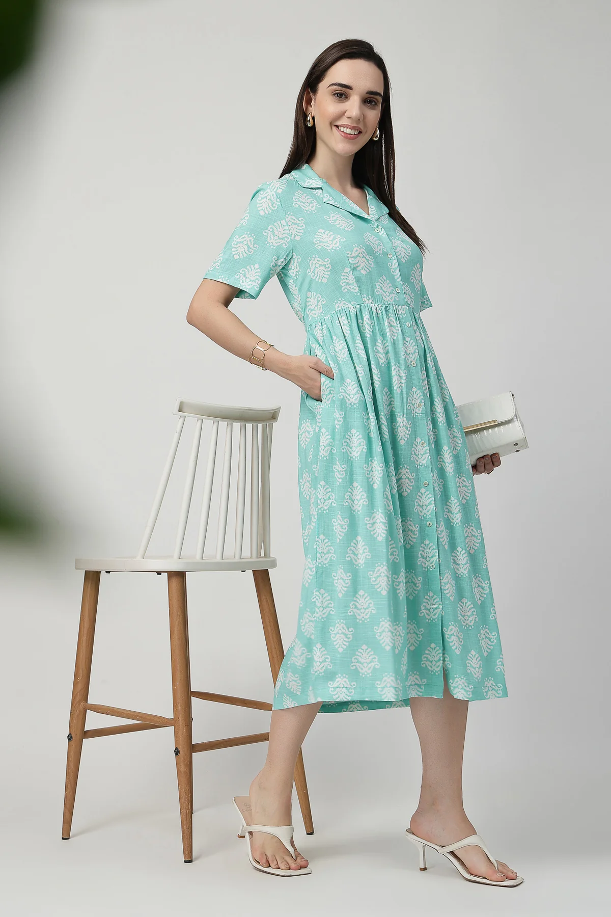 Zipless Feeding Shirt Dress with White Leafy Print - Mint Green - Image 10