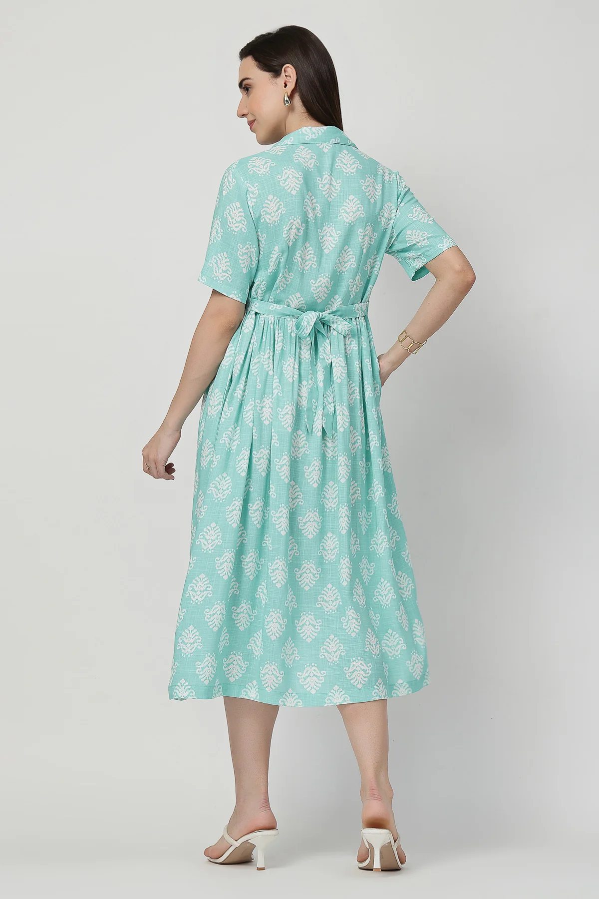 Zipless Feeding Shirt Dress with White Leafy Print - Mint Green - Image 3