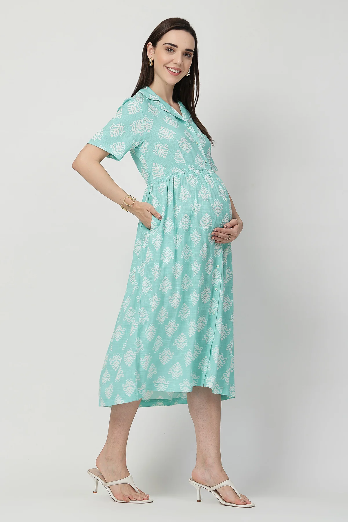 Zipless Feeding Shirt Dress with White Leafy Print - Mint Green - Image 4