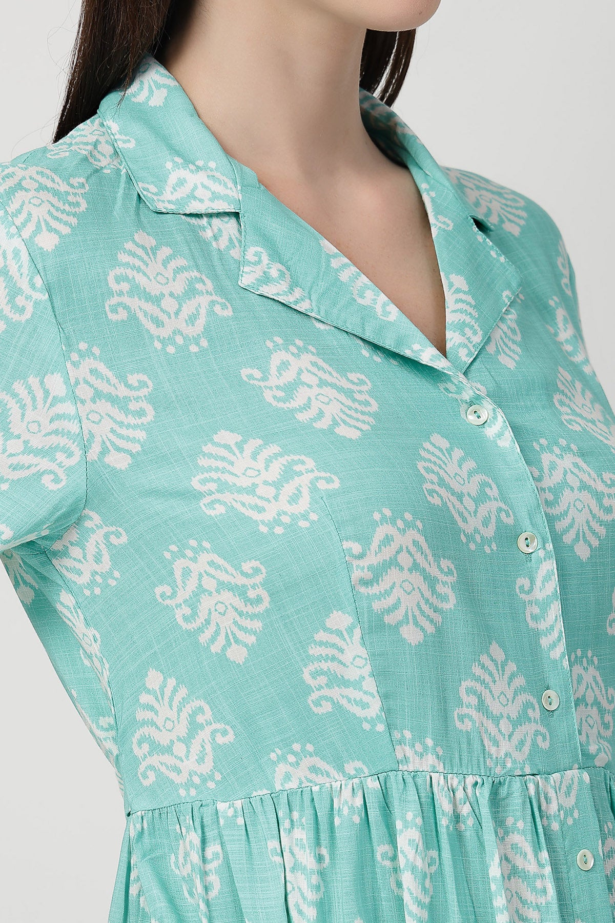 Zipless Feeding Shirt Dress with White Leafy Print - Mint Green - Image 5